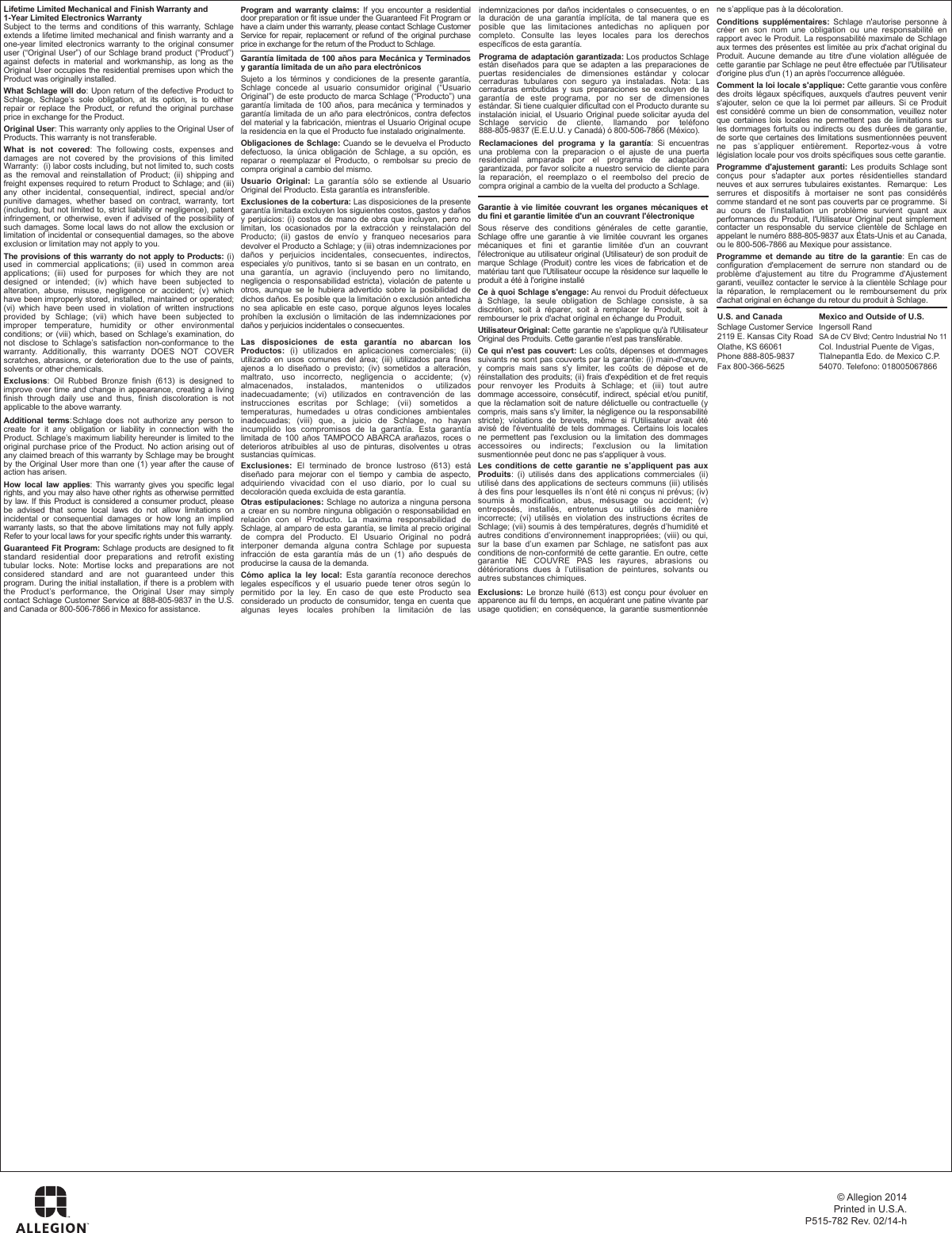 Page 6 of 6 - Schlage Residential P515-782 F60/F62/F93 - Handlesets Installation Instructions P515-782-0310b