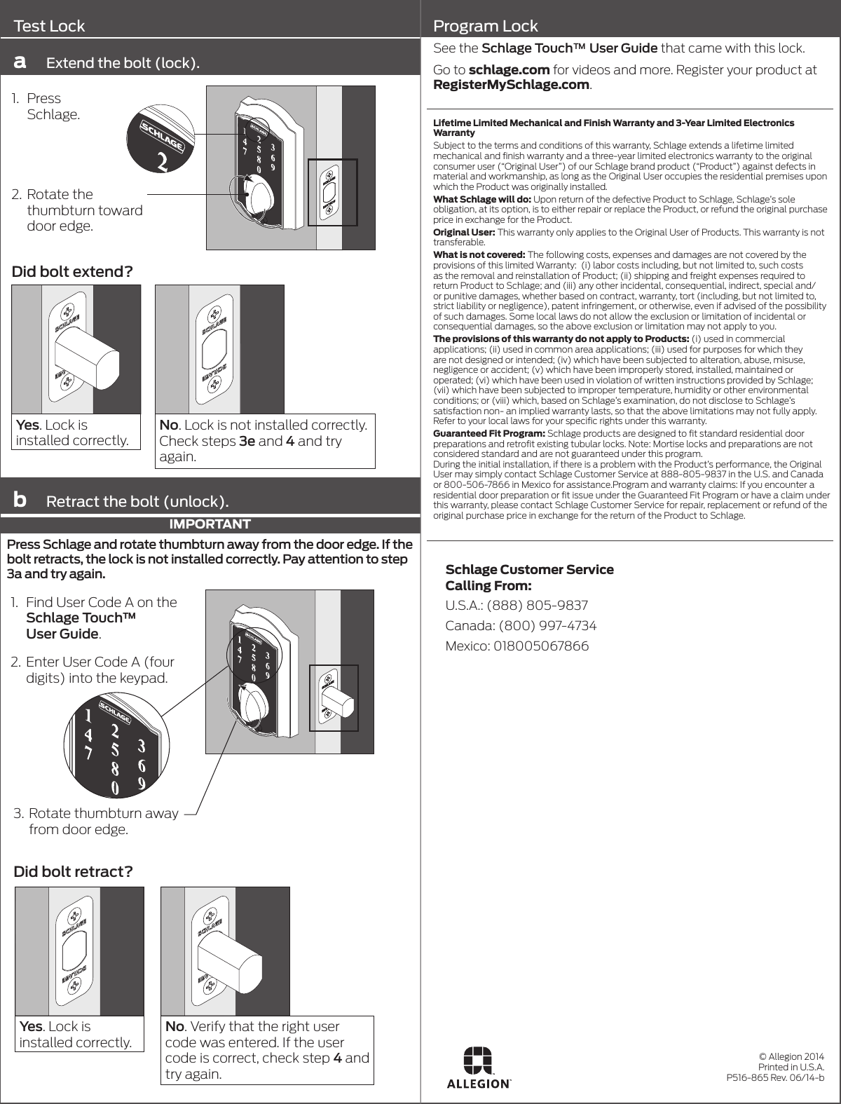 Page 4 of 8 - Schlage Residential  BE375 Touch Deadbolt Installation Instructions P516-865