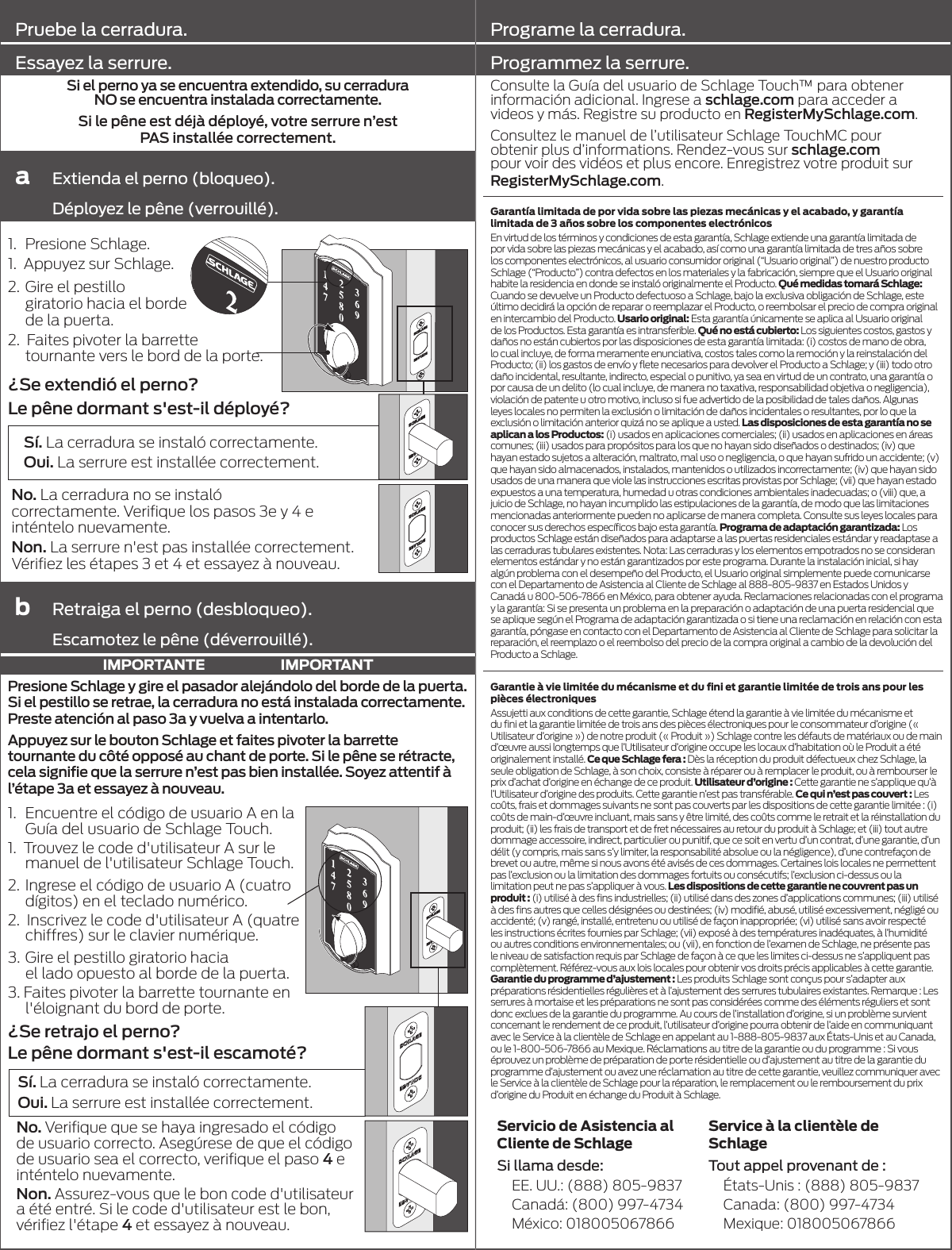 Page 8 of 8 - Schlage Residential  BE375 Touch Deadbolt Installation Instructions P516-865