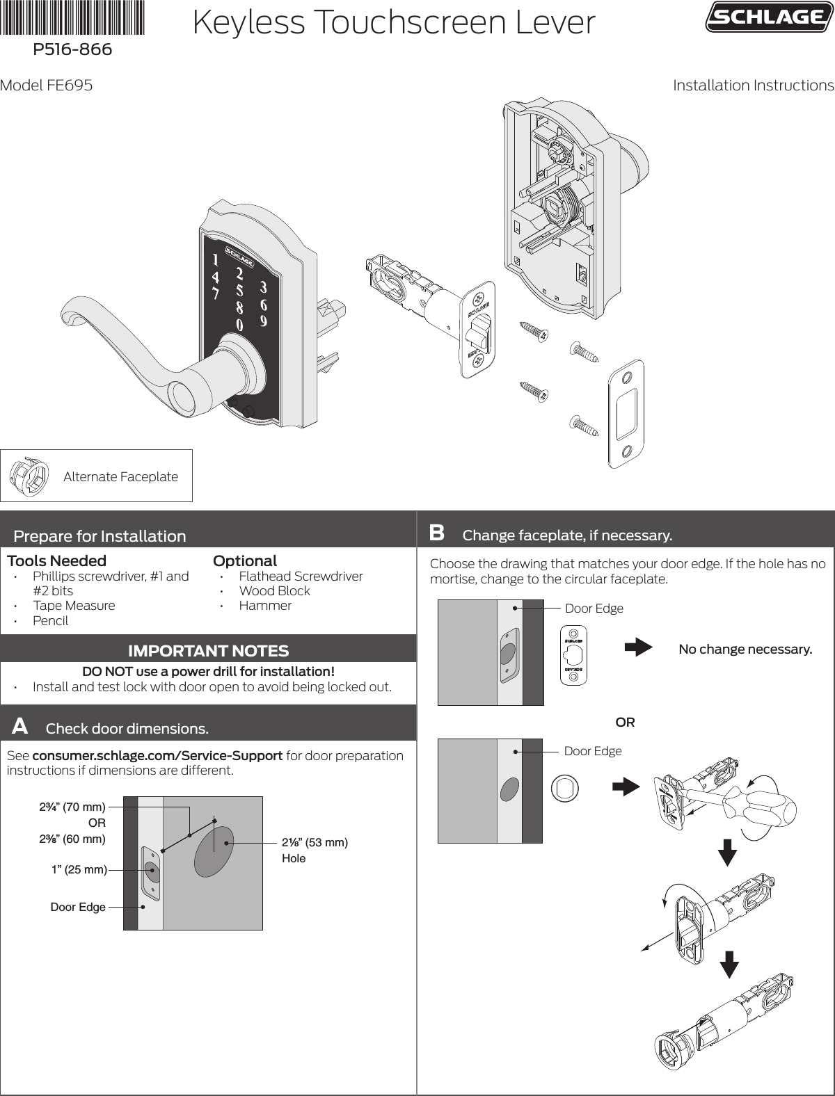 Page 1 of 8 - Schlage Residential  FE695 Touch Lever Installation Instructions P516-866