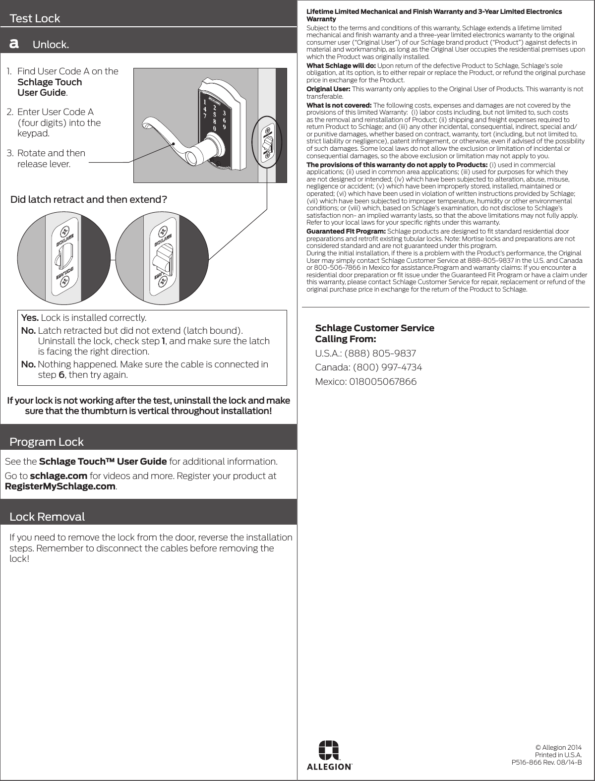 Page 4 of 8 - Schlage Residential  FE695 Touch Lever Installation Instructions P516-866