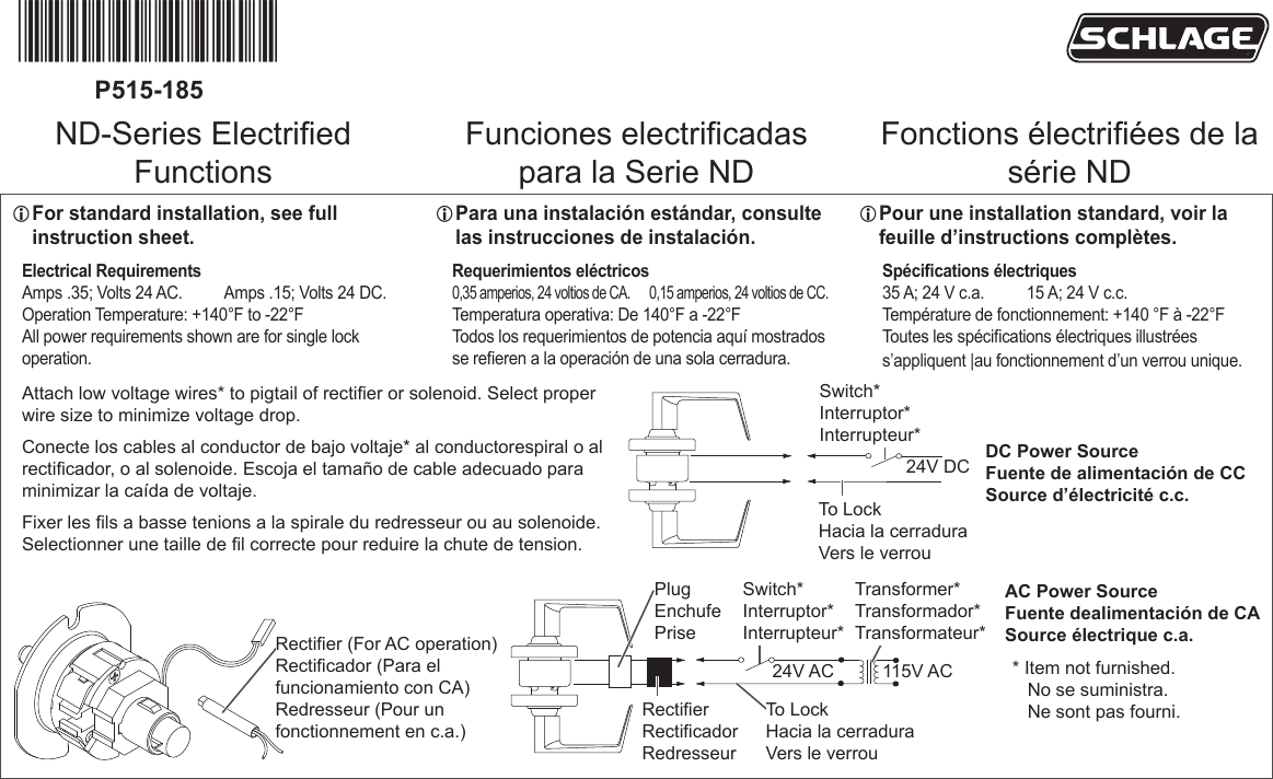 Page 1 of 2 - Schlage  ND-Series Electrified Functions Installation Instructions (solenoid, Mfg Before 3-14-2016) 111248