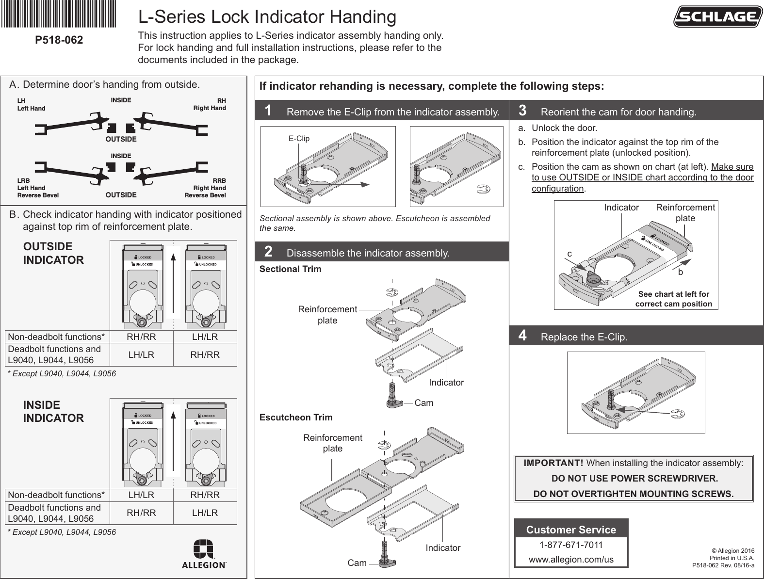 Schlage L9000 Indicator Handing Instructions 111375