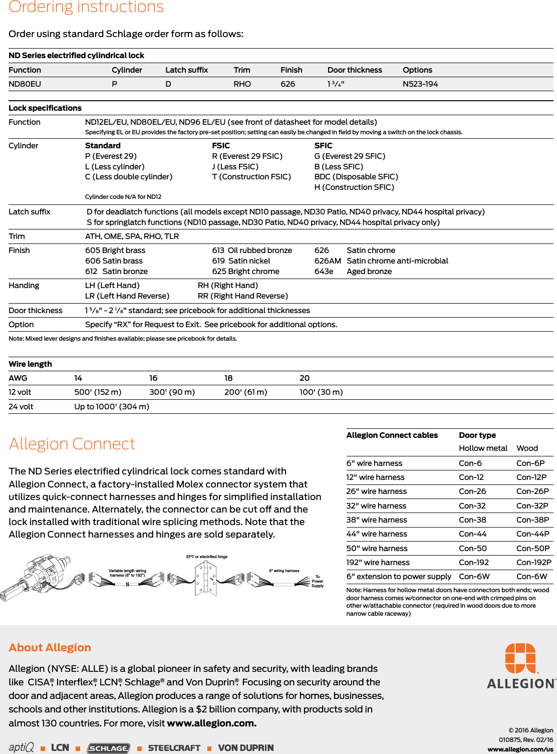 Page 2 of 2 - Schlage ND Series Data Sheet - Electrified Cylindrical Locks 110875