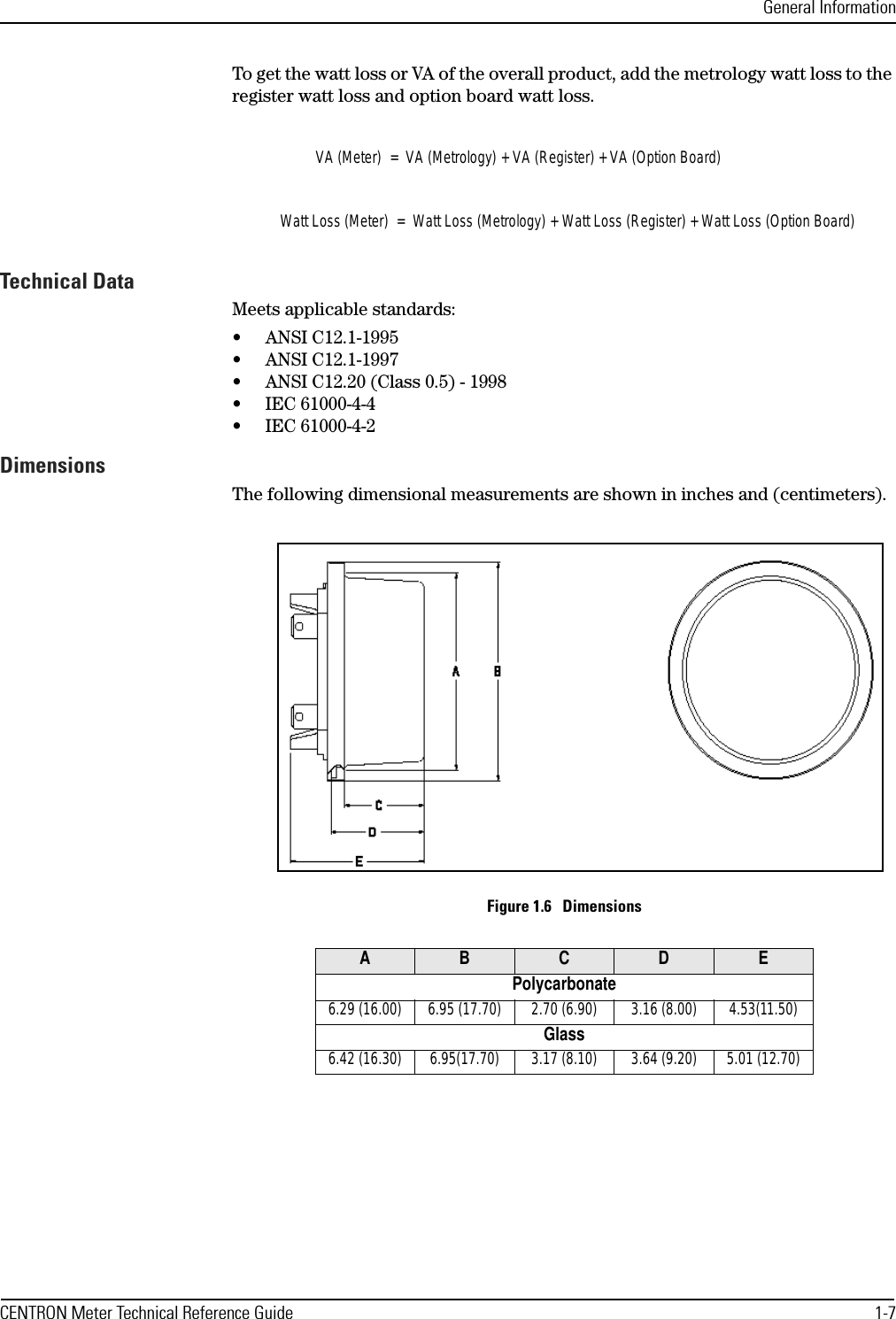 General InformationCENTRON Meter Technical Reference Guide 1-7To get the watt loss or VA of the overall product, add the metrology watt loss to the register watt loss and option board watt loss.Technical DataMeets applicable standards:• ANSI C12.1-1995• ANSI C12.1-1997• ANSI C12.20 (Class 0.5) - 1998• IEC 61000-4-4• IEC 61000-4-2DimensionsThe following dimensional measurements are shown in inches and (centimeters).Figure 1.6   DimensionsVA (Meter) VA (Metrology) VA (Register) + VA (Option Board)+=Watt Loss (Meter) Watt Loss (Metrology) Watt Loss (Register) + Watt Loss (Option Board)+=ABCDEPolycarbonate6.29 (16.00) 6.95 (17.70) 2.70 (6.90) 3.16 (8.00) 4.53(11.50)Glass6.42 (16.30) 6.95(17.70) 3.17 (8.10) 3.64 (9.20) 5.01 (12.70)