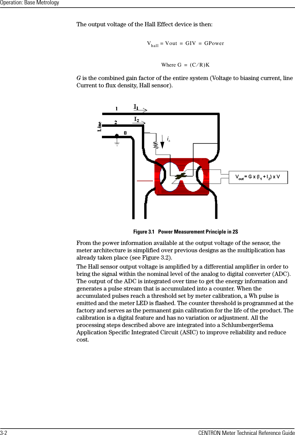 Operation: Base Metrology3-2 CENTRON Meter Technical Reference GuideThe output voltage of the Hall Effect device is then:G is the combined gain factor of the entire system (Voltage to biasing current, line Current to flux density, Hall sensor). Figure 3.1   Power Measurement Principle in 2SFrom the power information available at the output voltage of the sensor, the meter architecture is simplified over previous designs as the multiplication has already taken place (see Figure 3.2).The Hall sensor output voltage is amplified by a differential amplifier in order to bring the signal within the nominal level of the analog to digital converter (ADC). The output of the ADC is integrated over time to get the energy information and generates a pulse stream that is accumulated into a counter. When the accumulated pulses reach a threshold set by meter calibration, a Wh pulse is emitted and the meter LED is flashed. The counter threshold is programmed at the factory and serves as the permanent gain calibration for the life of the product. The calibration is a digital feature and has no variation or adjustment. All the processing steps described above are integrated into a SchlumbergerSema Application Specific Integrated Circuit (ASIC) to improve reliability and reduce cost.Vhall V=out GIV GPower==Where G C R⁄()K=ib