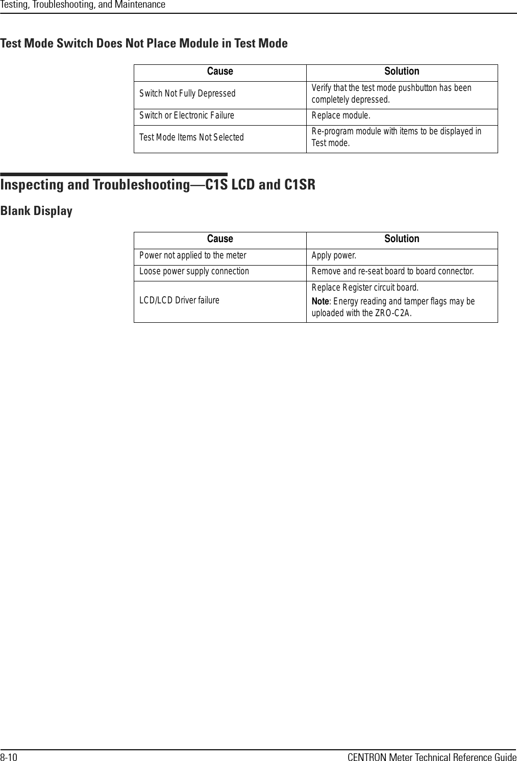 Testing, Troubleshooting, and Maintenance8-10 CENTRON Meter Technical Reference GuideTest Mode Switch Does Not Place Module in Test ModeInspecting and Troubleshooting—C1S LCD and C1SRBlank DisplayCause SolutionSwitch Not Fully Depressed Verify that the test mode pushbutton has been completely depressed.Switch or Electronic Failure Replace module.Test Mode Items Not Selected Re-program module with items to be displayed in Test mode.Cause SolutionPower not applied to the meter Apply power.Loose power supply connection Remove and re-seat board to board connector.LCD/LCD Driver failure Replace Register circuit board.Note: Energy reading and tamper flags may be uploaded with the ZRO-C2A.