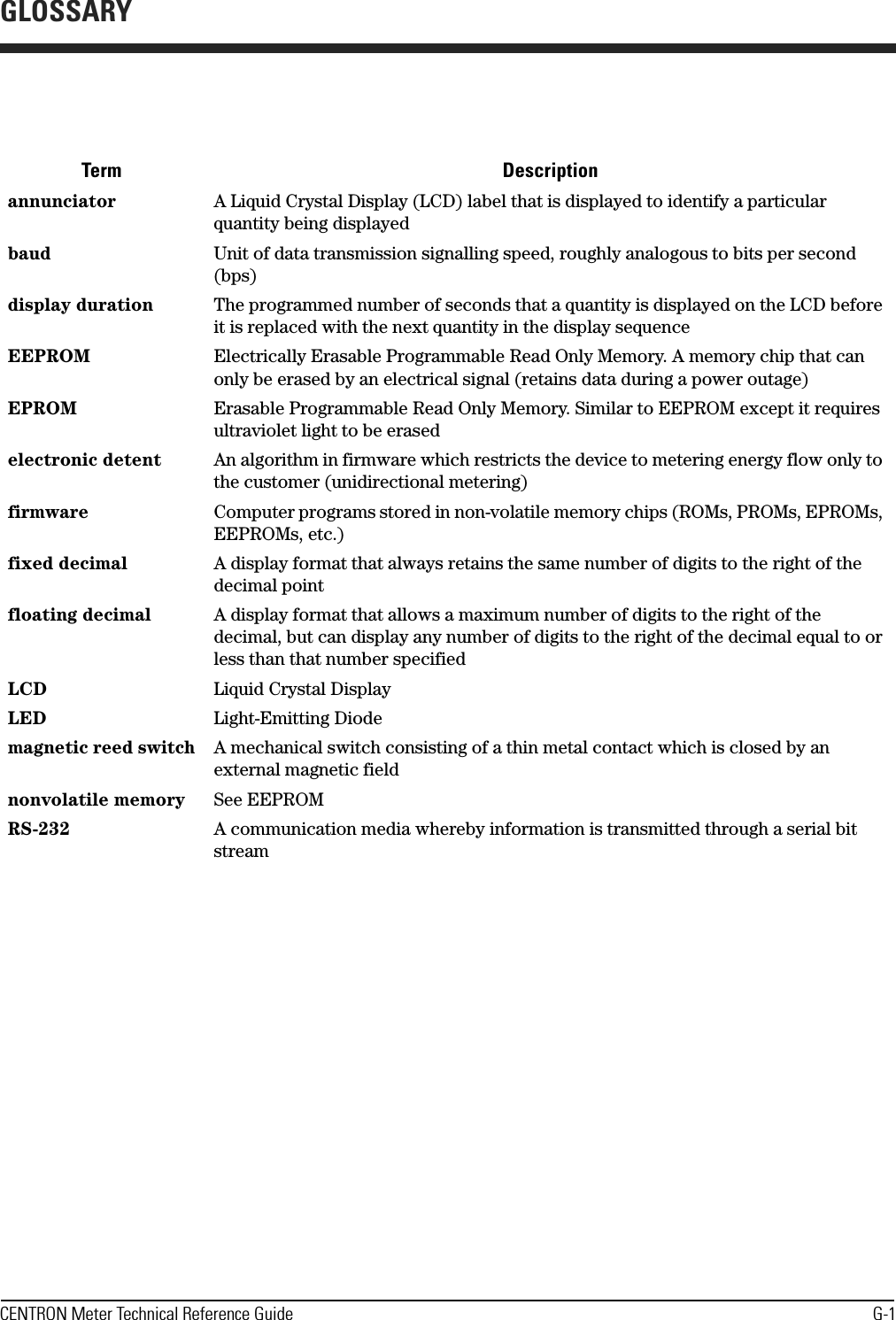 CENTRON Meter Technical Reference Guide G-1Term Descriptionannunciator A Liquid Crystal Display (LCD) label that is displayed to identify a particular quantity being displayedbaud Unit of data transmission signalling speed, roughly analogous to bits per second (bps)display duration The programmed number of seconds that a quantity is displayed on the LCD before it is replaced with the next quantity in the display sequenceEEPROM Electrically Erasable Programmable Read Only Memory. A memory chip that can only be erased by an electrical signal (retains data during a power outage)EPROM Erasable Programmable Read Only Memory. Similar to EEPROM except it requires ultraviolet light to be erasedelectronic detent An algorithm in firmware which restricts the device to metering energy flow only to the customer (unidirectional metering)firmware Computer programs stored in non-volatile memory chips (ROMs, PROMs, EPROMs, EEPROMs, etc.)fixed decimal A display format that always retains the same number of digits to the right of the decimal pointfloating decimal A display format that allows a maximum number of digits to the right of the decimal, but can display any number of digits to the right of the decimal equal to or less than that number specifiedLCD Liquid Crystal DisplayLED Light-Emitting Diodemagnetic reed switch A mechanical switch consisting of a thin metal contact which is closed by an external magnetic fieldnonvolatile memory See EEPROMRS-232 A communication media whereby information is transmitted through a serial bit streamGLOSSARY
