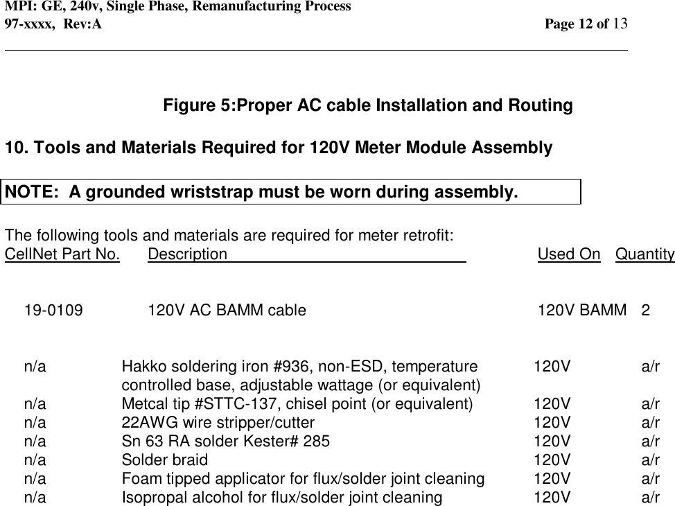 MPI: GE, 240v, Single Phase, Remanufacturing Process97-xxxx,  Rev:A Page 12 of 13                                                                                                                                            Figure 5:Proper AC cable Installation and Routing10. Tools and Materials Required for 120V Meter Module AssemblyNOTE:  A grounded wriststrap must be worn during assembly.The following tools and materials are required for meter retrofit:CellNet Part No. Description                                                      Used On Quantity19-0109 120V AC BAMM cable 120V BAMM 2n/a Hakko soldering iron #936, non-ESD, temperature    120Va/rcontrolled base, adjustable wattage (or equivalent)n/a Metcal tip #STTC-137, chisel point (or equivalent)   120V a/rn/a 22AWG wire stripper/cutter   120V a/rn/a Sn 63 RA solder Kester# 285   120V a/rn/a Solder braid   120V a/rn/a Foam tipped applicator for flux/solder joint cleaning   120V a/rn/a Isopropal alcohol for flux/solder joint cleaning   120V a/r