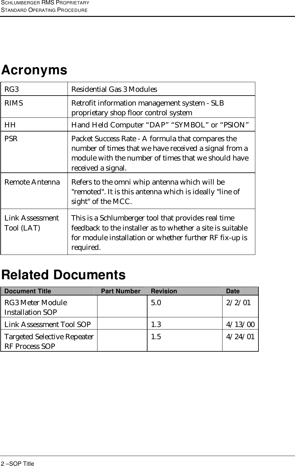 SCHLUMBERGER RMS PROPRIETARY STANDARD OPERATING PROCEDURE 2 –SOP Title  Acronyms RG3 Residential Gas 3 Modules RIMS Retrofit information management system - SLB proprietary shop floor control system HH Hand Held Computer “DAP” “SYMBOL” or “PSION” PSR Packet Success Rate - A formula that compares the number of times that we have received a signal from a module with the number of times that we should have received a signal. Remote Antenna  Refers to the omni whip antenna which will be &quot;remoted&quot;. It is this antenna which is ideally &quot;line of sight&quot; of the MCC. Link Assessment Tool (LAT) This is a Schlumberger tool that provides real time feedback to the installer as to whether a site is suitable for module installation or whether further RF fix-up is required. Related Documents Document Title Part Number Revision Date RG3 Meter Module Installation SOP  5.0 2/2/01 Link Assessment Tool SOP     1.3 4/13/00 Targeted Selective Repeater RF Process SOP  1.5 4/24/01 