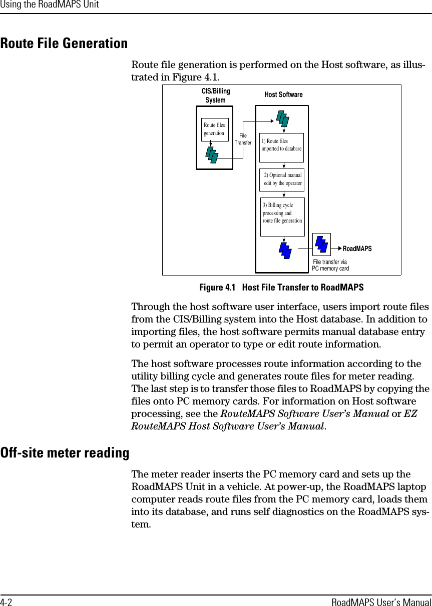 Using the RoadMAPS Unit4-2 RoadMAPS User’s ManualRoute File GenerationRoute file generation is performed on the Host software, as illus-trated in Figure 4.1.Figure 4.1   Host File Transfer to RoadMAPSThrough the host software user interface, users import route files from the CIS/Billing system into the Host database. In addition to importing files, the host software permits manual database entry to permit an operator to type or edit route information. The host software processes route information according to the utility billing cycle and generates route files for meter reading. The last step is to transfer those files to RoadMAPS by copying the files onto PC memory cards. For information on Host software processing, see the RouteMAPS Software User’s Manual or EZ RouteMAPS Host Software User’s Manual.Off-site meter readingThe meter reader inserts the PC memory card and sets up the RoadMAPS Unit in a vehicle. At power-up, the RoadMAPS laptop computer reads route files from the PC memory card, loads them into its database, and runs self diagnostics on the RoadMAPS sys-tem.Host Software1) Route filesimported to database3) Billing cycleprocessing androute file generation2) Optional manualedit by the operatorPC memory cardCIS/BillingSystemFileTransferRoute filesgenerationFile transfer viaRoadMAPS