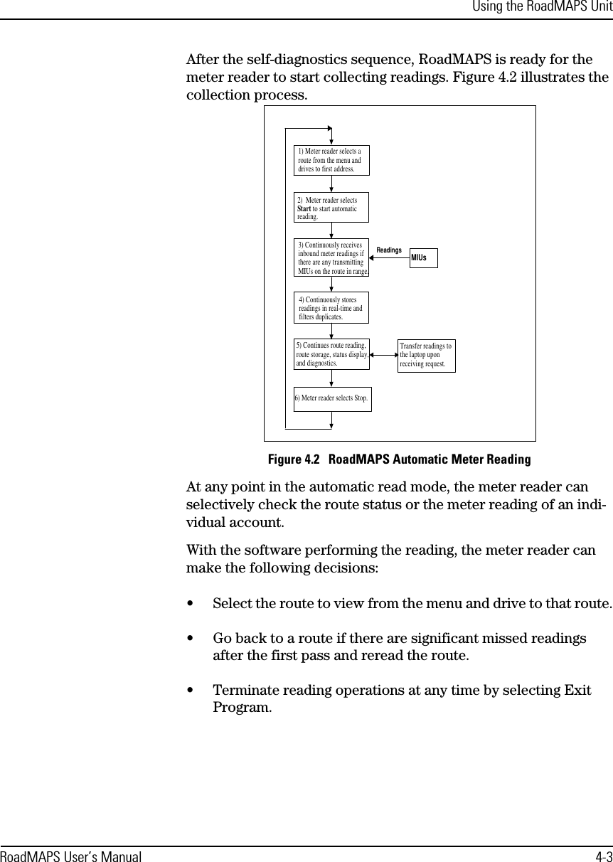 Using the RoadMAPS UnitRoadMAPS User’s Manual 4-3After the self-diagnostics sequence, RoadMAPS is ready for the meter reader to start collecting readings. Figure 4.2 illustrates the collection process.Figure 4.2   RoadMAPS Automatic Meter Reading At any point in the automatic read mode, the meter reader can selectively check the route status or the meter reading of an indi-vidual account.With the software performing the reading, the meter reader can make the following decisions:•Select the route to view from the menu and drive to that route.•Go back to a route if there are significant missed readings after the first pass and reread the route.•Terminate reading operations at any time by selecting Exit Program.6) Meter reader selects Stop.Readings1) Meter reader selects aroute from the menu anddrives to first address.3) Continuously receivesinbound meter readings ifthere are any transmittingMIUs on the route in range.2)  Meter reader selectsStart to start automaticreading.5) Continues route reading,route storage, status display,and diagnostics.Transfer readings tothe laptop uponreceiving request.4) Continuously storesreadings in real-time andfilters duplicates. MIUs