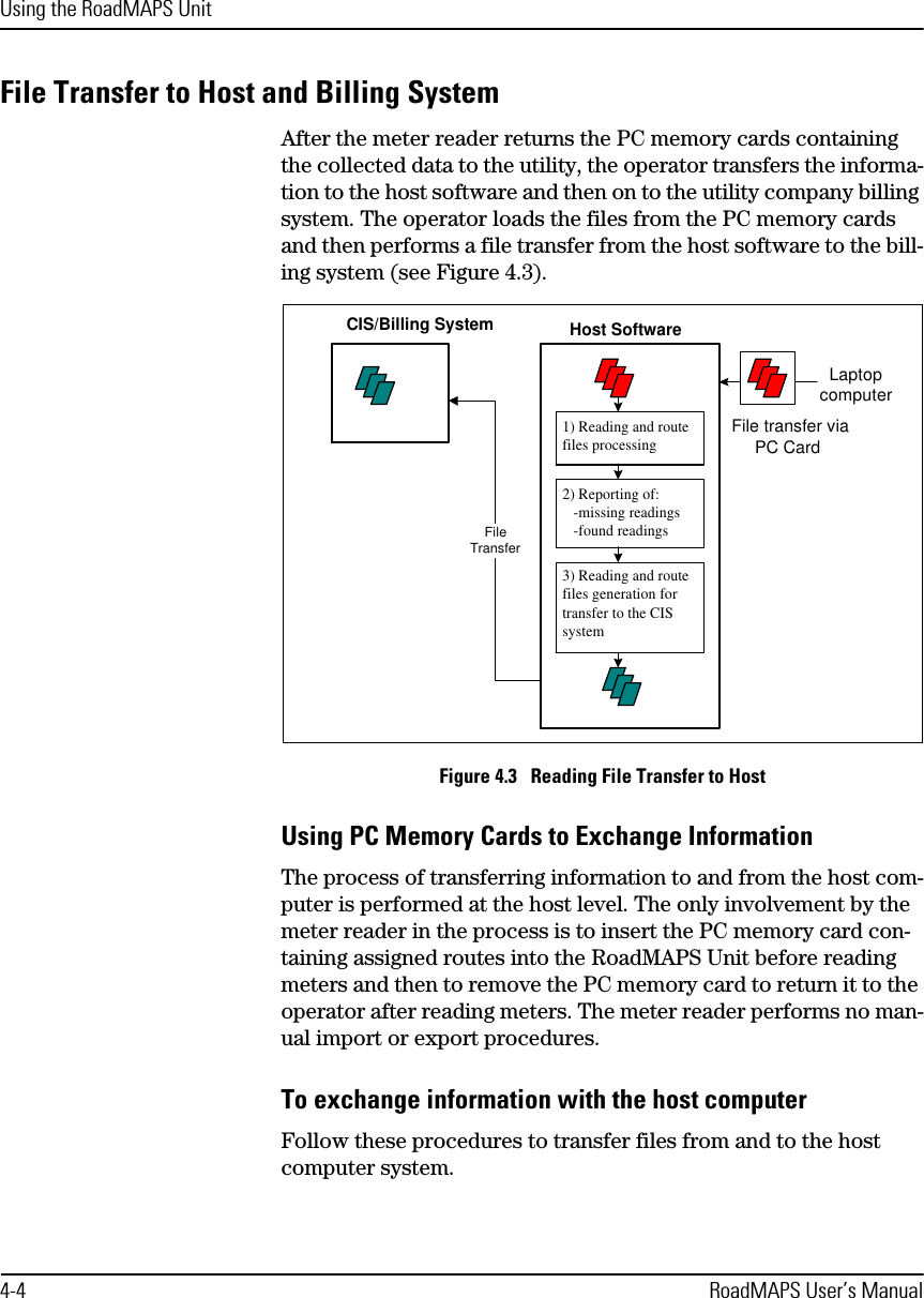 Using the RoadMAPS Unit4-4 RoadMAPS User’s ManualFile Transfer to Host and Billing SystemAfter the meter reader returns the PC memory cards containing the collected data to the utility, the operator transfers the informa-tion to the host software and then on to the utility company billing system. The operator loads the files from the PC memory cards and then performs a file transfer from the host software to the bill-ing system (see Figure 4.3).Figure 4.3   Reading File Transfer to HostUsing PC Memory Cards to Exchange InformationThe process of transferring information to and from the host com-puter is performed at the host level. The only involvement by the meter reader in the process is to insert the PC memory card con-taining assigned routes into the RoadMAPS Unit before reading meters and then to remove the PC memory card to return it to the operator after reading meters. The meter reader performs no man-ual import or export procedures.To exchange information with the host computerFollow these procedures to transfer files from and to the host computer system. CIS/Billing System Host SoftwareFile transfer viaPC CardLaptopcomputerFileTransfer1) Reading and routefiles processing2) Reporting of:   -missing readings   -found readings3) Reading and routefiles generation fortransfer to the CISsystem