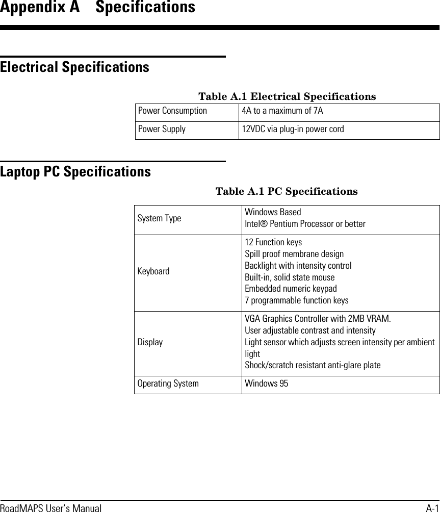 RoadMAPS User’s Manual A-1Appendix A  SpecificationsElectrical SpecificationsLaptop PC SpecificationsTable A.1 Electrical SpecificationsPower Consumption 4A to a maximum of 7APower Supply 12VDC via plug-in power cordTable A.1 PC SpecificationsSystem Type Windows Based Intel® Pentium Processor or betterKeyboard12 Function keysSpill proof membrane designBacklight with intensity controlBuilt-in, solid state mouseEmbedded numeric keypad7 programmable function keysDisplayVGA Graphics Controller with 2MB VRAM.User adjustable contrast and intensityLight sensor which adjusts screen intensity per ambient lightShock/scratch resistant anti-glare plateOperating System Windows 95