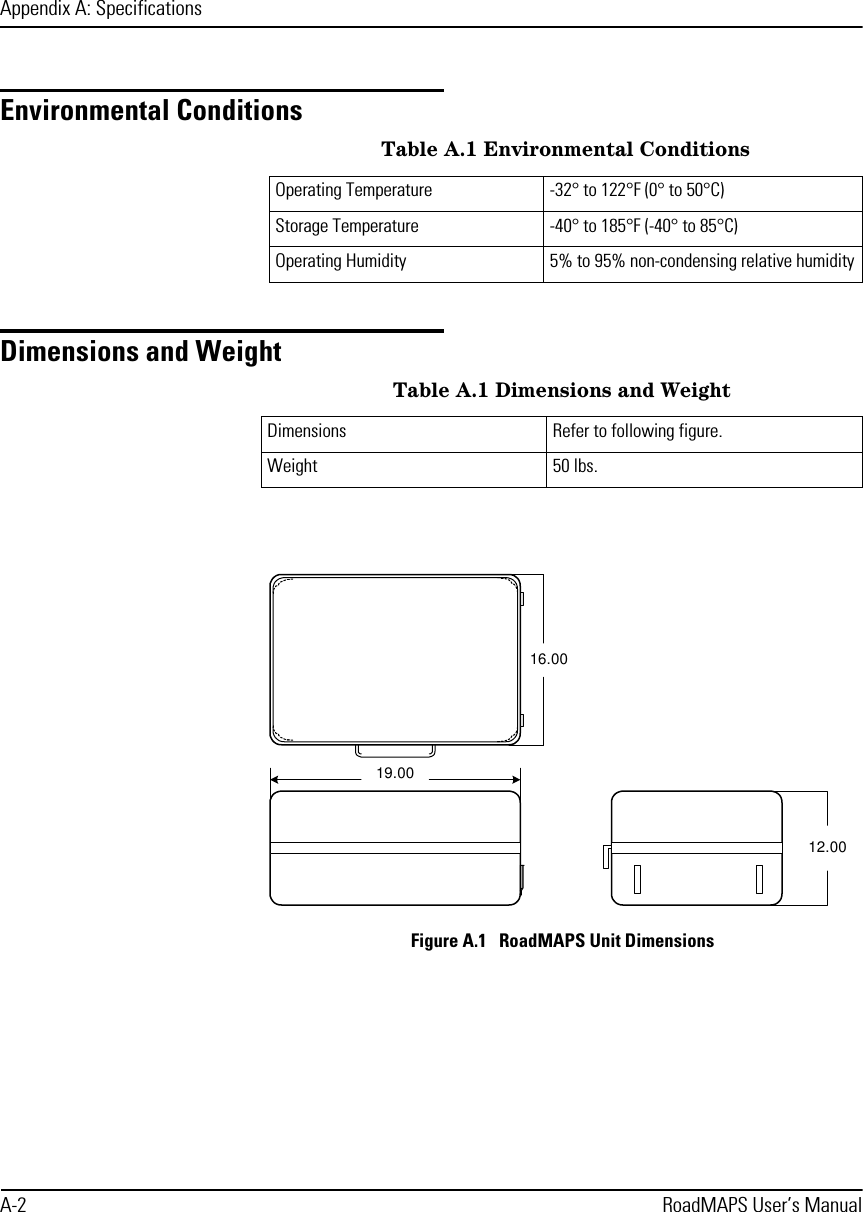 Appendix A: SpecificationsA-2 RoadMAPS User’s ManualEnvironmental ConditionsDimensions and WeightFigure A.1   RoadMAPS Unit Dimensions Table A.1 Environmental ConditionsOperating Temperature -32° to 122°F (0° to 50°C)Storage Temperature -40° to 185°F (-40° to 85°C)Operating Humidity 5% to 95% non-condensing relative humidityTable A.1 Dimensions and WeightDimensions Refer to following figure.Weight 50 lbs.16.0019.0012.00