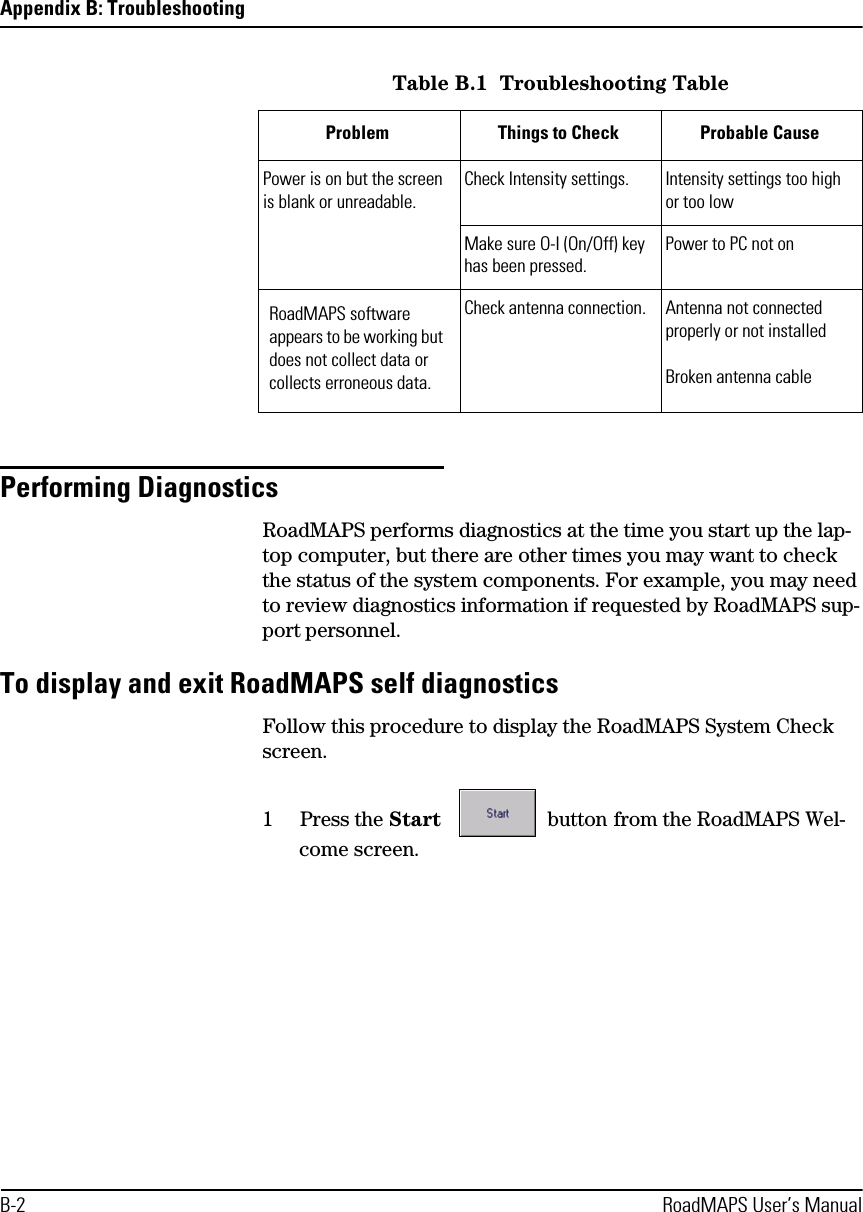 Appendix B: TroubleshootingB-2 RoadMAPS User’s ManualPerforming Diagnostics RoadMAPS performs diagnostics at the time you start up the lap-top computer, but there are other times you may want to check the status of the system components. For example, you may need to review diagnostics information if requested by RoadMAPS sup-port personnel.To display and exit RoadMAPS self diagnosticsFollow this procedure to display the RoadMAPS System Check screen.1Press the Start   button from the RoadMAPS Wel-come screen.Power is on but the screen is blank or unreadable.Check Intensity settings. Intensity settings too high or too lowMake sure O-I (On/Off) key has been pressed.Power to PC not onRoadMAPS software appears to be working but does not collect data or collects erroneous data.Check antenna connection. Antenna not connected properly or not installed Broken antenna cable Table B.1  Troubleshooting TableProblem Things to Check Probable Cause