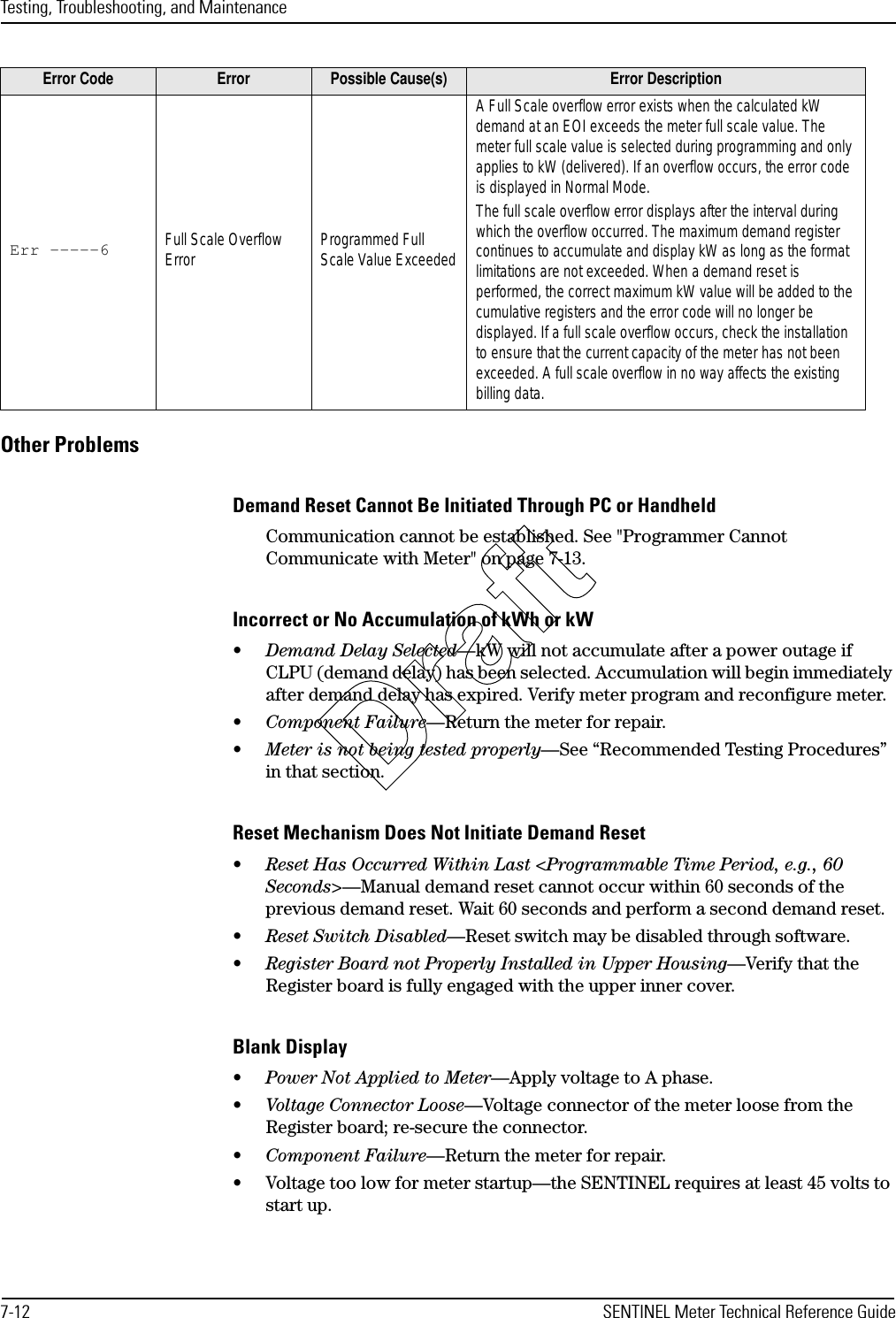 Testing, Troubleshooting, and Maintenance7-12 SENTINEL Meter Technical Reference GuideOther ProblemsDemand Reset Cannot Be Initiated Through PC or HandheldCommunication cannot be established. See &quot;Programmer Cannot Communicate with Meter&quot; on page 7-13.Incorrect or No Accumulation of kWh or kW•Demand Delay Selected—kW will not accumulate after a power outage if CLPU (demand delay) has been selected. Accumulation will begin immediately after demand delay has expired. Verify meter program and reconfigure meter.•Component Failure—Return the meter for repair.•Meter is not being tested properly—See “Recommended Testing Procedures” in that section.Reset Mechanism Does Not Initiate Demand Reset•Reset Has Occurred Within Last &lt;Programmable Time Period, e.g., 60 Seconds&gt;—Manual demand reset cannot occur within 60 seconds of the previous demand reset. Wait 60 seconds and perform a second demand reset.•Reset Switch Disabled—Reset switch may be disabled through software.•Register Board not Properly Installed in Upper Housing—Verify that the Register board is fully engaged with the upper inner cover.Blank Display•Power Not Applied to Meter—Apply voltage to A phase.•Voltage Connector Loose—Voltage connector of the meter loose from the Register board; re-secure the connector.•Component Failure—Return the meter for repair.• Voltage too low for meter startup—the SENTINEL requires at least 45 volts to start up.Err -----6 Full Scale Overflow Error Programmed Full Scale Value ExceededA Full Scale overflow error exists when the calculated kW demand at an EOI exceeds the meter full scale value. The meter full scale value is selected during programming and only applies to kW (delivered). If an overflow occurs, the error code is displayed in Normal Mode.The full scale overflow error displays after the interval during which the overflow occurred. The maximum demand register continues to accumulate and display kW as long as the format limitations are not exceeded. When a demand reset is performed, the correct maximum kW value will be added to the cumulative registers and the error code will no longer be displayed. If a full scale overflow occurs, check the installation to ensure that the current capacity of the meter has not been exceeded. A full scale overflow in no way affects the existing billing data.Error Code Error Possible Cause(s) Error DescriptionDraft