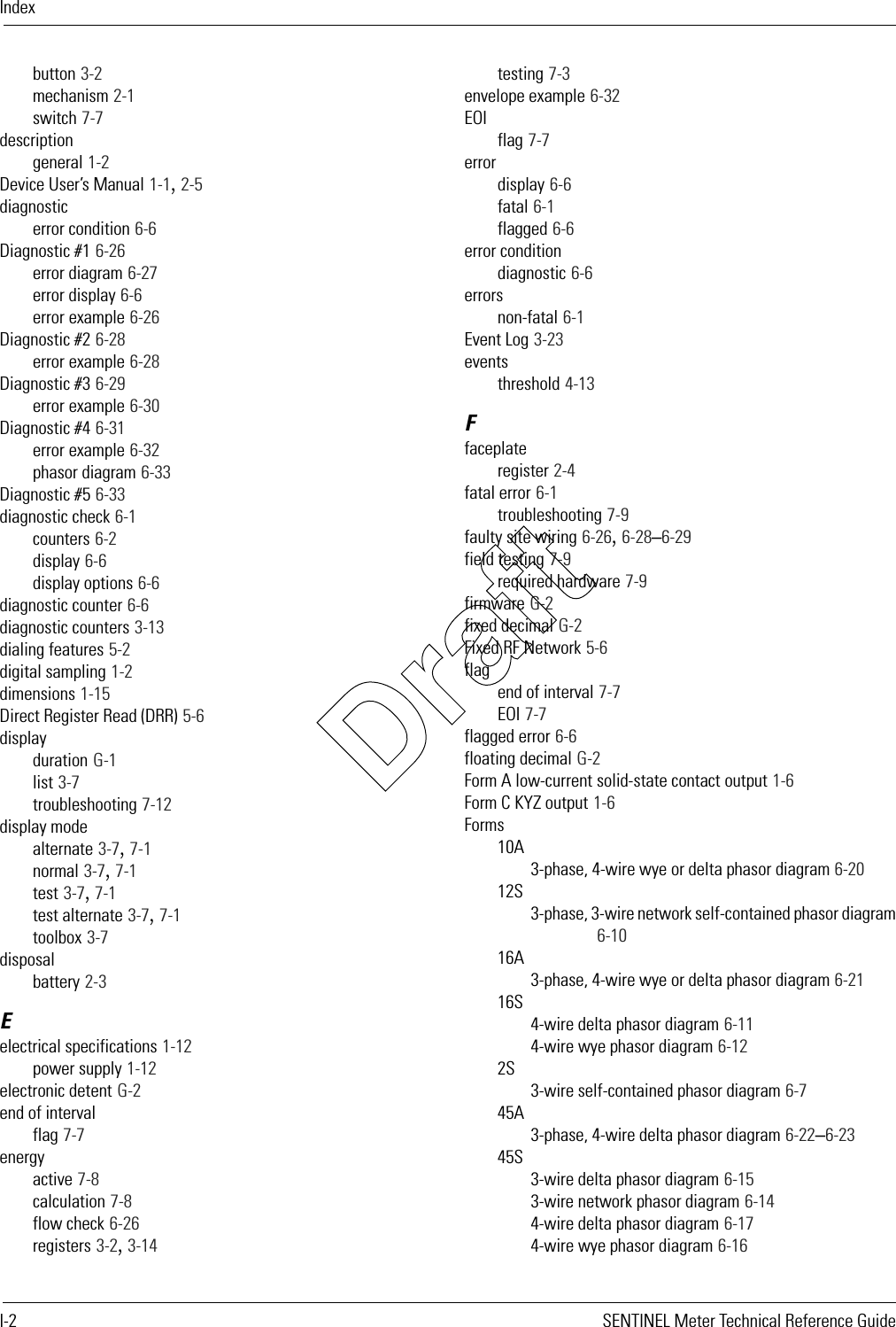 IndexI-2 SENTINEL Meter Technical Reference Guidebutton 3-2mechanism 2-1switch 7-7descriptiongeneral 1-2Device User’s Manual 1-1, 2-5diagnosticerror condition 6-6Diagnostic #1 6-26error diagram 6-27error display 6-6error example 6-26Diagnostic #2 6-28error example 6-28Diagnostic #3 6-29error example 6-30Diagnostic #4 6-31error example 6-32phasor diagram 6-33Diagnostic #5 6-33diagnostic check 6-1counters 6-2display 6-6display options 6-6diagnostic counter 6-6diagnostic counters 3-13dialing features 5-2digital sampling 1-2dimensions 1-15Direct Register Read (DRR) 5-6displayduration G-1list 3-7troubleshooting 7-12display modealternate 3-7, 7-1normal 3-7, 7-1test 3-7, 7-1test alternate 3-7, 7-1toolbox 3-7disposalbattery 2-3Eelectrical specifications 1-12power supply 1-12electronic detent G-2end of intervalflag 7-7energyactive 7-8calculation 7-8flow check 6-26registers 3-2, 3-14testing 7-3envelope example 6-32EOIflag 7-7errordisplay 6-6fatal 6-1flagged 6-6error conditiondiagnostic 6-6errorsnon-fatal 6-1Event Log 3-23eventsthreshold 4-13Ffaceplateregister 2-4fatal error 6-1troubleshooting 7-9faulty site wiring 6-26, 6-28–6-29field testing 7-9required hardware 7-9firmware G-2fixed decimal G-2Fixed RF Network 5-6flagend of interval 7-7EOI 7-7flagged error 6-6floating decimal G-2Form A low-current solid-state contact output 1-6Form C KYZ output 1-6Forms10A3-phase, 4-wire wye or delta phasor diagram 6-2012S3-phase, 3-wire network self-contained phasor diagram6-1016A3-phase, 4-wire wye or delta phasor diagram 6-2116S4-wire delta phasor diagram 6-114-wire wye phasor diagram 6-122S3-wire self-contained phasor diagram 6-745A3-phase, 4-wire delta phasor diagram 6-22–6-2345S3-wire delta phasor diagram 6-153-wire network phasor diagram 6-144-wire delta phasor diagram 6-174-wire wye phasor diagram 6-16Draft