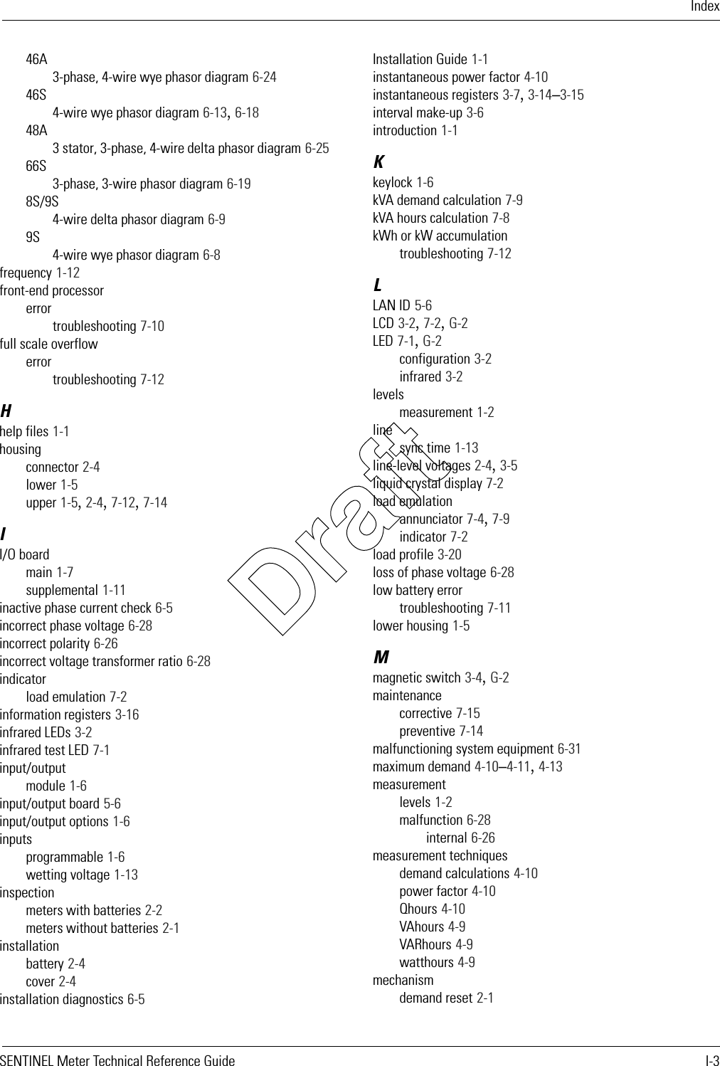 IndexSENTINEL Meter Technical Reference Guide I-346A3-phase, 4-wire wye phasor diagram 6-2446S4-wire wye phasor diagram 6-13, 6-1848A3 stator, 3-phase, 4-wire delta phasor diagram 6-2566S3-phase, 3-wire phasor diagram 6-198S/9S4-wire delta phasor diagram 6-99S4-wire wye phasor diagram 6-8frequency 1-12front-end processorerrortroubleshooting 7-10full scale overflowerrortroubleshooting 7-12Hhelp files 1-1housingconnector 2-4lower 1-5upper 1-5, 2-4, 7-12, 7-14II/O boardmain 1-7supplemental 1-11inactive phase current check 6-5incorrect phase voltage 6-28incorrect polarity 6-26incorrect voltage transformer ratio 6-28indicatorload emulation 7-2information registers 3-16infrared LEDs 3-2infrared test LED 7-1input/outputmodule 1-6input/output board 5-6input/output options 1-6inputsprogrammable 1-6wetting voltage 1-13inspectionmeters with batteries 2-2meters without batteries 2-1installationbattery 2-4cover 2-4installation diagnostics 6-5Installation Guide 1-1instantaneous power factor 4-10instantaneous registers 3-7, 3-14–3-15interval make-up 3-6introduction 1-1Kkeylock 1-6kVA demand calculation 7-9kVA hours calculation 7-8kWh or kW accumulationtroubleshooting 7-12LLAN ID 5-6LCD 3-2, 7-2, G-2LED 7-1, G-2configuration 3-2infrared 3-2levelsmeasurement 1-2linesync time 1-13line-level voltages 2-4, 3-5liquid crystal display 7-2load emulationannunciator 7-4, 7-9indicator 7-2load profile 3-20loss of phase voltage 6-28low battery errortroubleshooting 7-11lower housing 1-5Mmagnetic switch 3-4, G-2maintenancecorrective 7-15preventive 7-14malfunctioning system equipment 6-31maximum demand 4-10–4-11, 4-13measurementlevels 1-2malfunction 6-28internal 6-26measurement techniquesdemand calculations 4-10power factor 4-10Qhours 4-10VAhours 4-9VARhours 4-9watthours 4-9mechanismdemand reset 2-1Draft