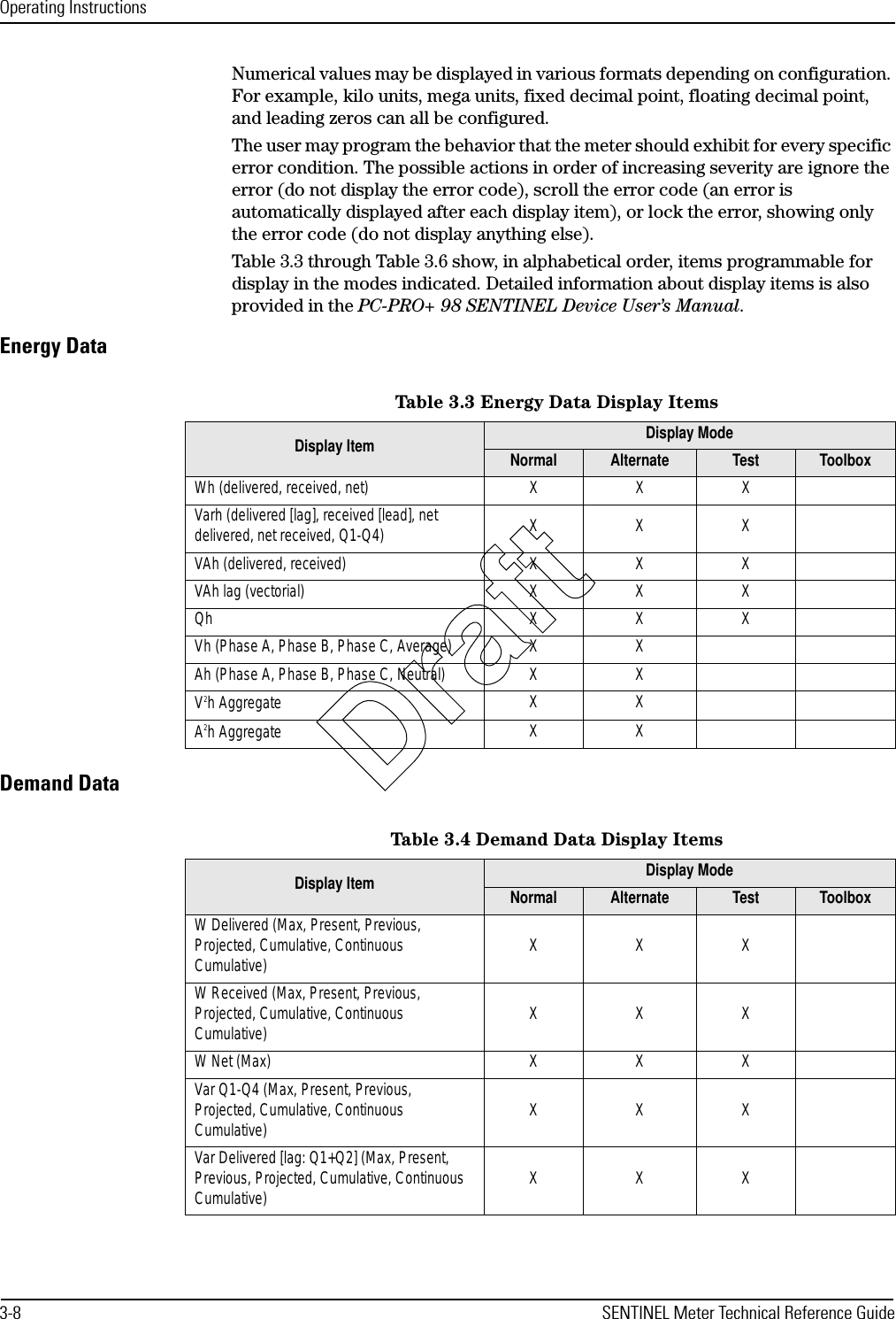 Operating Instructions3-8 SENTINEL Meter Technical Reference GuideNumerical values may be displayed in various formats depending on configuration. For example, kilo units, mega units, fixed decimal point, floating decimal point, and leading zeros can all be configured.The user may program the behavior that the meter should exhibit for every specific error condition. The possible actions in order of increasing severity are ignore the error (do not display the error code), scroll the error code (an error is automatically displayed after each display item), or lock the error, showing only the error code (do not display anything else).Table 3.3 through Table 3.6 show, in alphabetical order, items programmable for display in the modes indicated. Detailed information about display items is also provided in the PC-PRO+ 98 SENTINEL Device User’s Manual.Energy DataDemand DataTable 3.3 Energy Data Display ItemsDisplay Item Display ModeNormal Alternate Test ToolboxWh (delivered, received, net) X X XVarh (delivered [lag], received [lead], net delivered, net received, Q1-Q4) XXXVAh (delivered, received) X X XVAh lag (vectorial) X X XQh XXXVh (Phase A, Phase B, Phase C, Average) X XAh (Phase A, Phase B, Phase C, Neutral) X XV2h Aggregate XXA2h Aggregate XXTable 3.4 Demand Data Display ItemsDisplay Item Display ModeNormal Alternate Test ToolboxW Delivered (Max, Present, Previous, Projected, Cumulative, Continuous Cumulative) XXXW Received (Max, Present, Previous, Projected, Cumulative, Continuous Cumulative) XXXW Net (Max) XXXVar Q1-Q4 (Max, Present, Previous, Projected, Cumulative, Continuous Cumulative) XXXVar Delivered [lag: Q1+Q2] (Max, Present, Previous, Projected, Cumulative, Continuous Cumulative) XXXDraft