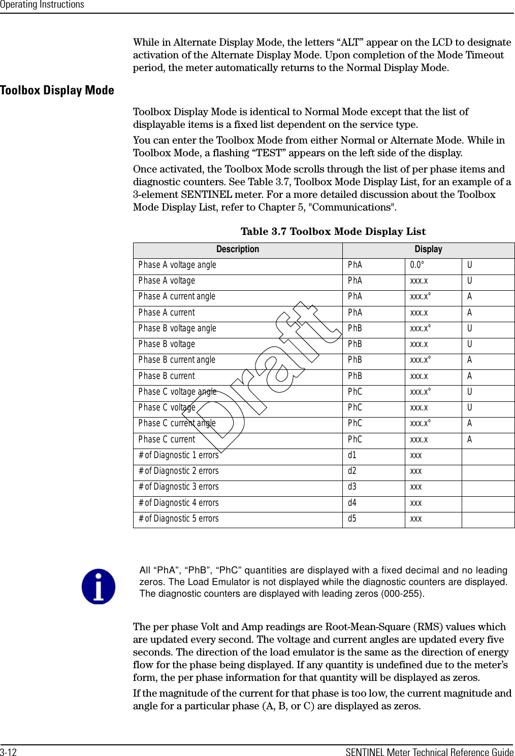 Operating Instructions3-12 SENTINEL Meter Technical Reference GuideWhile in Alternate Display Mode, the letters “ALT” appear on the LCD to designate activation of the Alternate Display Mode. Upon completion of the Mode Timeout period, the meter automatically returns to the Normal Display Mode.Toolbox Display ModeToolbox Display Mode is identical to Normal Mode except that the list of displayable items is a fixed list dependent on the service type.You can enter the Toolbox Mode from either Normal or Alternate Mode. While in Toolbox Mode, a flashing “TEST” appears on the left side of the display.Once activated, the Toolbox Mode scrolls through the list of per phase items and diagnostic counters. See Table 3.7, Toolbox Mode Display List, for an example of a 3-element SENTINEL meter. For a more detailed discussion about the Toolbox Mode Display List, refer to Chapter 5, &quot;Communications&quot;.The per phase Volt and Amp readings are Root-Mean-Square (RMS) values which are updated every second. The voltage and current angles are updated every five seconds. The direction of the load emulator is the same as the direction of energy flow for the phase being displayed. If any quantity is undefined due to the meter’s form, the per phase information for that quantity will be displayed as zeros.If the magnitude of the current for that phase is too low, the current magnitude and angle for a particular phase (A, B, or C) are displayed as zeros.Table 3.7 Toolbox Mode Display ListDescription DisplayPhase A voltage angle PhA 0.0° UPhase A voltage PhA xxx.x UPhase A current angle PhA xxx.x° APhase A current PhA xxx.x APhase B voltage angle PhB xxx.x° UPhase B voltage PhB xxx.x UPhase B current angle PhB xxx.x° APhase B current PhB xxx.x APhase C voltage angle PhC xxx.x° UPhase C voltage  PhC xxx.x UPhase C current angle PhC xxx.x° APhase C current PhC xxx.x A# of Diagnostic 1 errors d1 xxx# of Diagnostic 2 errors d2 xxx# of Diagnostic 3 errors d3 xxx# of Diagnostic 4 errors d4 xxx# of Diagnostic 5 errors d5 xxxAll “PhA”, “PhB”, “PhC” quantities are displayed with a fixed decimal and no leadingzeros. The Load Emulator is not displayed while the diagnostic counters are displayed.The diagnostic counters are displayed with leading zeros (000-255).Draft