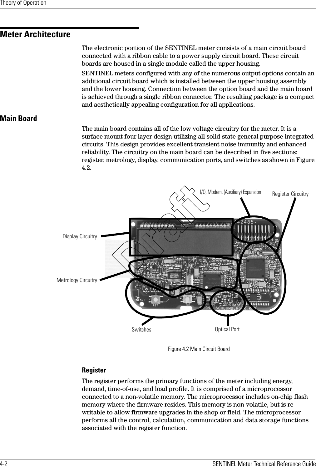 Theory of Operation4-2 SENTINEL Meter Technical Reference GuideMeter ArchitectureThe electronic portion of the SENTINEL meter consists of a main circuit board connected with a ribbon cable to a power supply circuit board. These circuit boards are housed in a single module called the upper housing.SENTINEL meters configured with any of the numerous output options contain an additional circuit board which is installed between the upper housing assembly and the lower housing. Connection between the option board and the main board is achieved through a single ribbon connector. The resulting package is a compact and aesthetically appealing configuration for all applications.Main BoardThe main board contains all of the low voltage circuitry for the meter. It is a surface mount four-layer design utilizing all solid-state general purpose integrated circuits. This design provides excellent transient noise immunity and enhanced reliability. The circuitry on the main board can be described in five sections: register, metrology, display, communication ports, and switches as shown in Figure 4.2. Figure 4.2 Main Circuit BoardRegisterThe register performs the primary functions of the meter including energy, demand, time-of-use, and load profile. It is comprised of a microprocessor connected to a non-volatile memory. The microprocessor includes on-chip flash memory where the firmware resides. This memory is non-volatile, but is re-writable to allow firmware upgrades in the shop or field. The microprocessor performs all the control, calculation, communication and data storage functions associated with the register function. Display CircuitryMetrology CircuitryRegister CircuitryOptical PortSwitchesI/O, Modem, (Auxiliary) ExpansionDraft