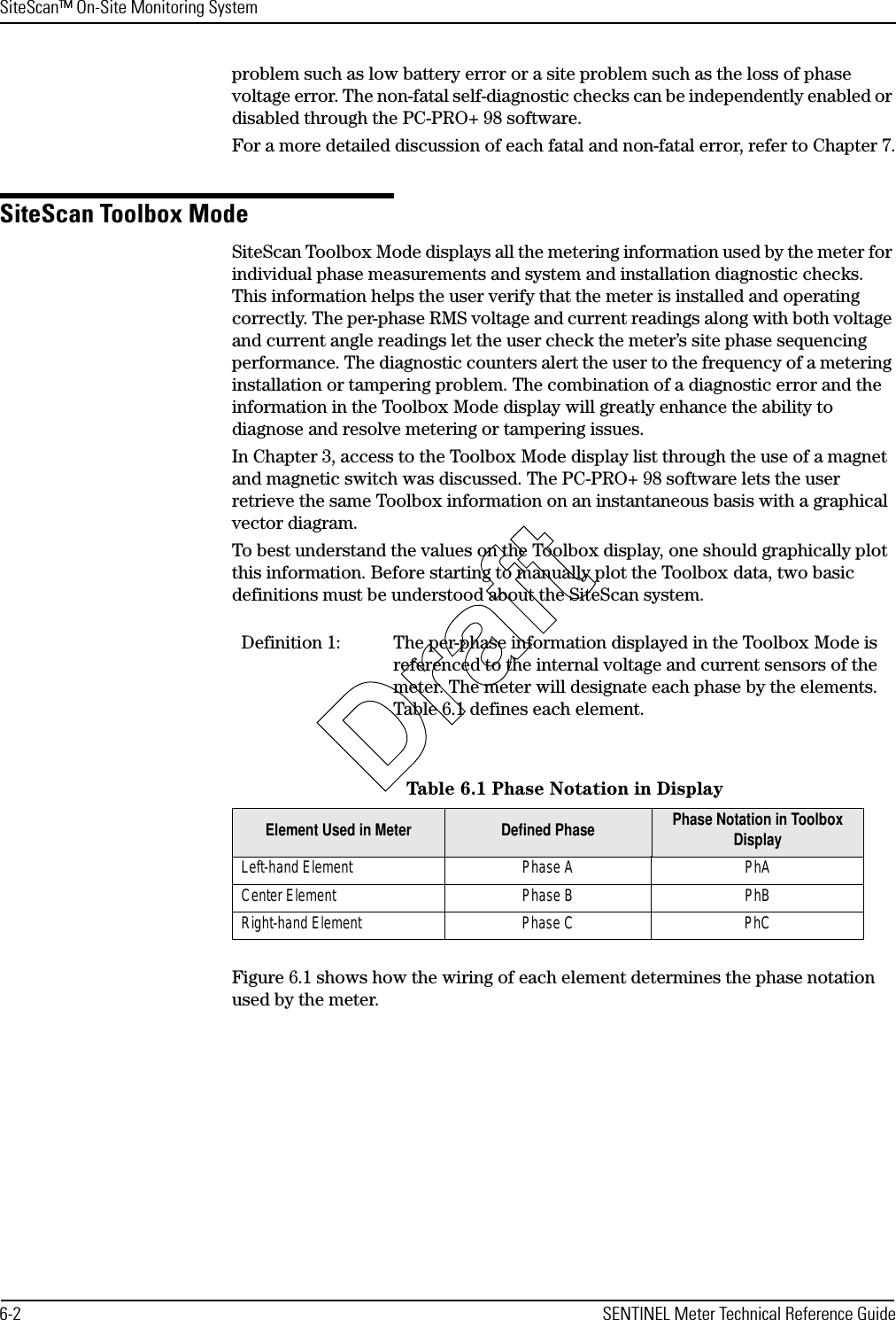 SiteScan™ On-Site Monitoring System6-2 SENTINEL Meter Technical Reference Guideproblem such as low battery error or a site problem such as the loss of phase voltage error. The non-fatal self-diagnostic checks can be independently enabled or disabled through the PC-PRO+ 98 software.For a more detailed discussion of each fatal and non-fatal error, refer to Chapter 7.SiteScan Toolbox ModeSiteScan Toolbox Mode displays all the metering information used by the meter for individual phase measurements and system and installation diagnostic checks. This information helps the user verify that the meter is installed and operating correctly. The per-phase RMS voltage and current readings along with both voltage and current angle readings let the user check the meter’s site phase sequencing performance. The diagnostic counters alert the user to the frequency of a metering installation or tampering problem. The combination of a diagnostic error and the information in the Toolbox Mode display will greatly enhance the ability to diagnose and resolve metering or tampering issues.In Chapter 3, access to the Toolbox Mode display list through the use of a magnet and magnetic switch was discussed. The PC-PRO+ 98 software lets the user retrieve the same Toolbox information on an instantaneous basis with a graphical vector diagram.To best understand the values on the Toolbox display, one should graphically plot this information. Before starting to manually plot the Toolbox data, two basic definitions must be understood about the SiteScan system.Figure 6.1 shows how the wiring of each element determines the phase notation used by the meter.Definition 1: The per-phase information displayed in the Toolbox Mode is referenced to the internal voltage and current sensors of the meter. The meter will designate each phase by the elements. Table 6.1 defines each element.Table 6.1 Phase Notation in DisplayElement Used in Meter Defined Phase Phase Notation in Toolbox DisplayLeft-hand Element Phase A PhACenter Element Phase B PhBRight-hand Element Phase C PhCDraft