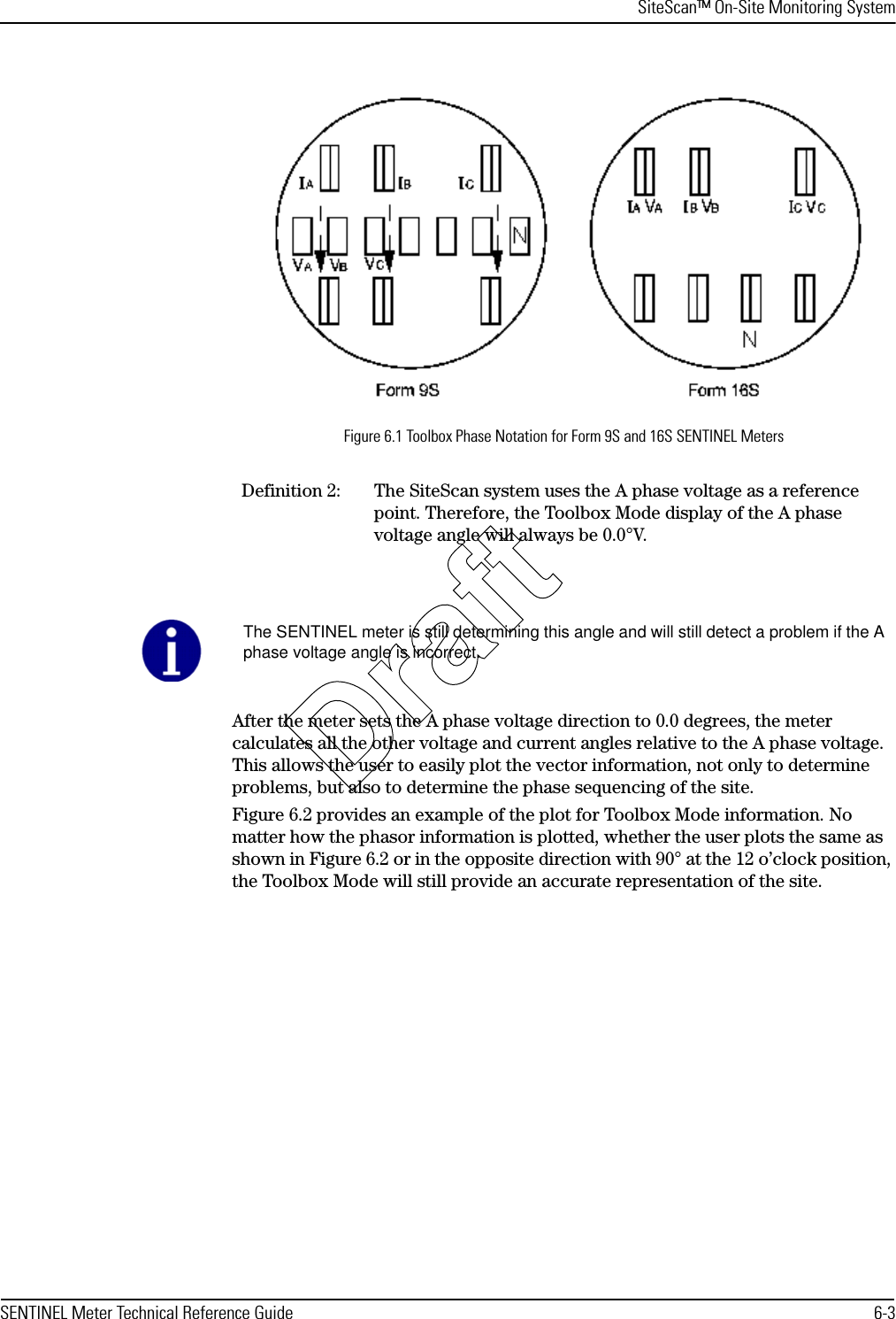 SiteScan™ On-Site Monitoring SystemSENTINEL Meter Technical Reference Guide 6-3Figure 6.1 Toolbox Phase Notation for Form 9S and 16S SENTINEL MetersAfter the meter sets the A phase voltage direction to 0.0 degrees, the meter calculates all the other voltage and current angles relative to the A phase voltage. This allows the user to easily plot the vector information, not only to determine problems, but also to determine the phase sequencing of the site.Figure 6.2 provides an example of the plot for Toolbox Mode information. No matter how the phasor information is plotted, whether the user plots the same as shown in Figure 6.2 or in the opposite direction with 90° at the 12 o’clock position, the Toolbox Mode will still provide an accurate representation of the site.Definition 2: The SiteScan system uses the A phase voltage as a reference point. Therefore, the Toolbox Mode display of the A phase voltage angle will always be 0.0°V.The SENTINEL meter is still determining this angle and will still detect a problem if the Aphase voltage angle is incorrect.Draft