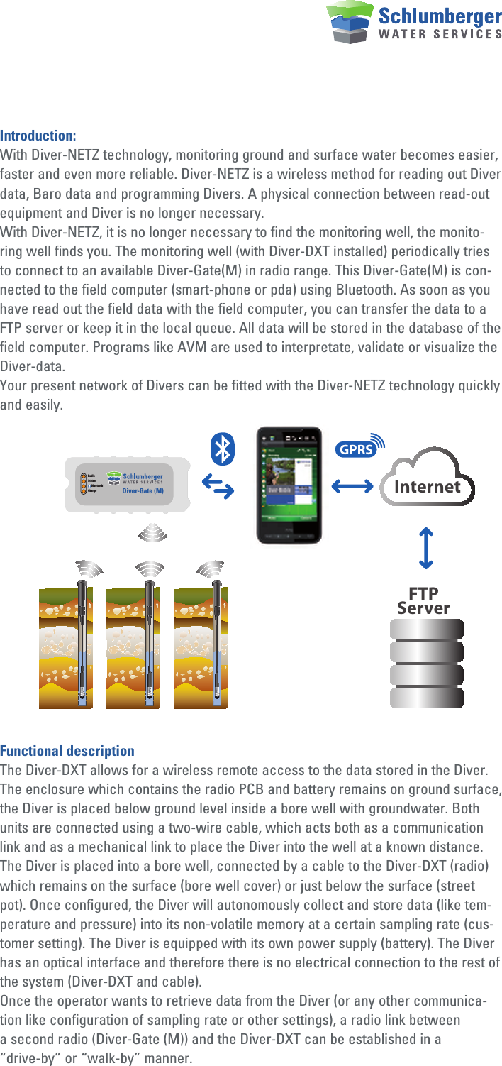 Introduction:With Diver-NETZ technology, monitoring ground and surface water becomes easier, faster and even more reliable. Diver-NETZ is a wireless method for reading out Diver data, Baro data and programming Divers. A physical connection between read-out equipment and Diver is no longer necessary.With Diver-NETZ, it is no longer necessary to find the monitoring well, the monito-ring well finds you. The monitoring well (with Diver-DXT installed) periodically tries to connect to an available Diver-Gate(M) in radio range. This Diver-Gate(M) is con-nected to the field computer (smart-phone or pda) using Bluetooth. As soon as you have read out the field data with the field computer, you can transfer the data to a FTP server or keep it in the local queue. All data will be stored in the database of the field computer. Programs like AVM are used to interpretate, validate or visualize the Diver-data.Your present network of Divers can be fitted with the Diver-NETZ technology quickly and easily.Functional descriptionThe Diver-DXT allows for a wireless remote access to the data stored in the Diver. The enclosure which contains the radio PCB and battery remains on ground surface, the Diver is placed below ground level inside a bore well with groundwater. Both units are connected using a two-wire cable, which acts both as a communication link and as a mechanical link to place the Diver into the well at a known distance.The Diver is placed into a bore well, connected by a cable to the Diver-DXT (radio) which remains on the surface (bore well cover) or just below the surface (street pot). Once configured, the Diver will autonomously collect and store data (like tem-perature and pressure) into its non-volatile memory at a certain sampling rate (cus-tomer setting). The Diver is equipped with its own power supply (battery). The Diver has an optical interface and therefore there is no electrical connection to the rest of the system (Diver-DXT and cable). Once the operator wants to retrieve data from the Diver (or any other communica-tion like configuration of sampling rate or other settings), a radio link between a second radio (Diver-Gate (M)) and the Diver-DXT can be established in a “drive-by” or “walk-by” manner.StatusRadioChargeBluetoothTMDiver-Gate (M)GPRSInternetFTPServer