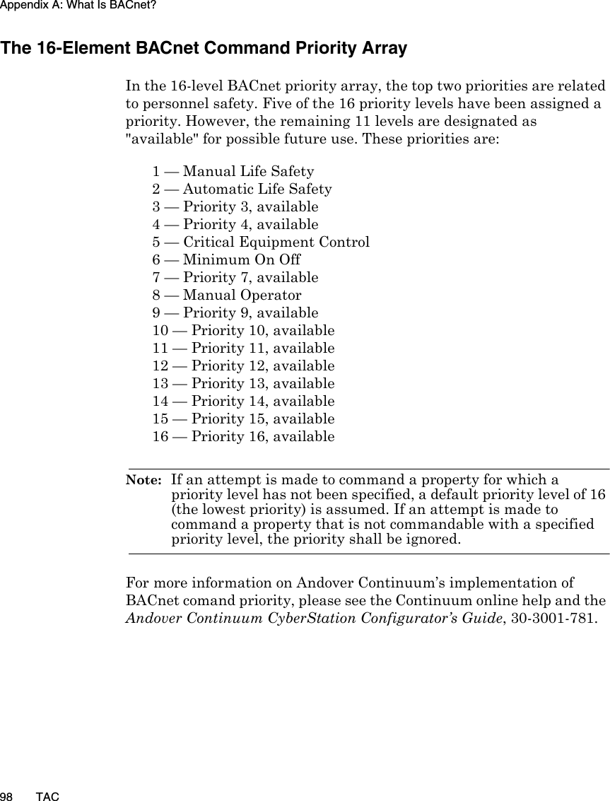 Appendix A: What Is BACnet?98 TACThe 16-Element BACnet Command Priority ArrayIn the 16-level BACnet priority array, the top two priorities are related to personnel safety. Five of the 16 priority levels have been assigned a priority. However, the remaining 11 levels are designated as &quot;available&quot; for possible future use. These priorities are:1 — Manual Life Safety2 — Automatic Life Safety3 — Priority 3, available4 — Priority 4, available5 — Critical Equipment Control6 — Minimum On Off7 — Priority 7, available8 — Manual Operator9 — Priority 9, available10 — Priority 10, available11 — Priority 11, available12 — Priority 12, available13 — Priority 13, available14 — Priority 14, available15 — Priority 15, available16 — Priority 16, availableNote:  If an attempt is made to command a property for which a priority level has not been specified, a default priority level of 16 (the lowest priority) is assumed. If an attempt is made to command a property that is not commandable with a specified priority level, the priority shall be ignored. For more information on Andover Continuum’s implementation of BACnet comand priority, please see the Continuum online help and the Andover Continuum CyberStation Configurator’s Guide, 30-3001-781.
