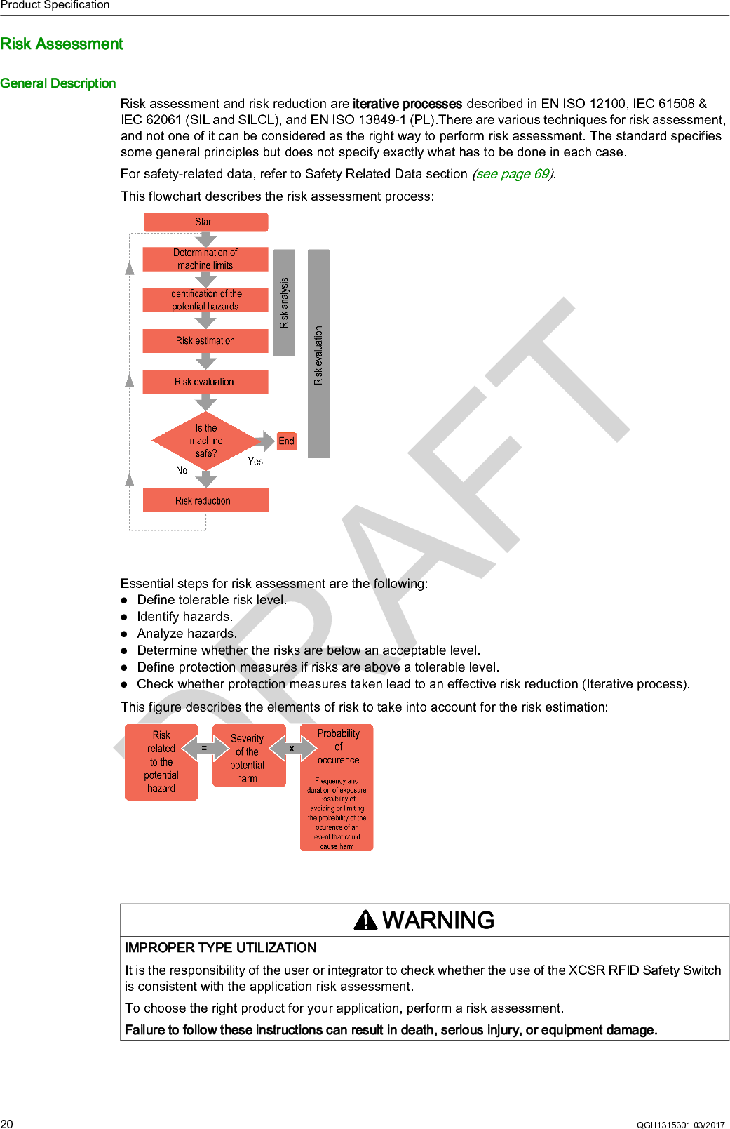 Product Specification20 QGH1315301 03/2017Risk AssessmentGeneral DescriptionRisk assessment and risk reduction are iterative processes described in EN ISO 12100, IEC 61508 &amp; IEC 62061 (SIL and SILCL), and EN ISO 13849-1 (PL).There are various techniques for risk assessment, and not one of it can be considered as the right way to perform risk assessment. The standard specifies some general principles but does not specify exactly what has to be done in each case.For safety-related data, refer to Safety Related Data section (see page 69).This flowchart describes the risk assessment process:Essential steps for risk assessment are the following:Define tolerable risk level.Identify hazards.Analyze hazards.Determine whether the risks are below an acceptable level.Define protection measures if risks are above a tolerable level.Check whether protection measures taken lead to an effective risk reduction (Iterative process).This figure describes the elements of risk to take into account for the risk estimation:WARNINGIMPROPER TYPE UTILIZATIONIt is the responsibility of the user or integrator to check whether the use of the XCSR RFID Safety Switch is consistent with the application risk assessment.To choose the right product for your application, perform a risk assessment.Failure to follow these instructions can result in death, serious injury, or equipment damage.