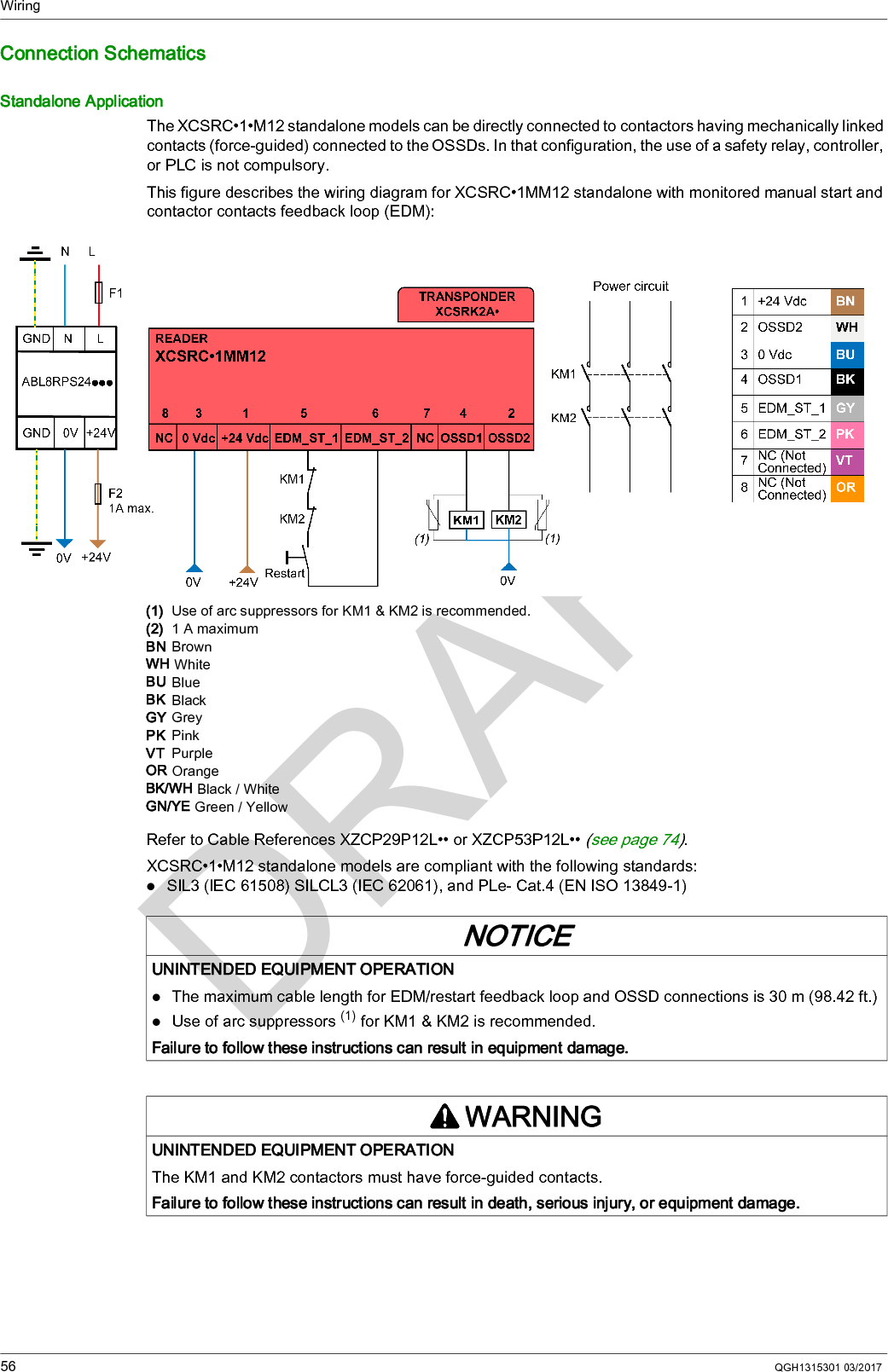 Wiring56 QGH1315301 03/2017Connection SchematicsStandalone ApplicationThe XCSRC•1•M12 standalone models can be directly connected to contactors having mechanically linked contacts (force-guided) connected to the OSSDs. In that configuration, the use of a safety relay, controller, or PLC is not compulsory.This figure describes the wiring diagram for XCSRC•1MM12 standalone with monitored manual start and contactor contacts feedback loop (EDM):(1)  Use of arc suppressors for KM1 &amp; KM2 is recommended.(2)  1AmaximumBN BrownWH WhiteBU BlueBK  BlackGY GreyPK  PinkVT  PurpleOR OrangeBK/WH Black / WhiteGN/YE Green / YellowRefer to Cable References XZCP29P12L•• or XZCP53P12L•• (see page 74).XCSRC•1•M12 standalone models are compliant with the following standards:SIL3 (IEC 61508) SILCL3 (IEC 62061), and PLe- Cat.4 (EN ISO 13849-1)NOTICEUNINTENDED EQUIPMENT OPERATIONThe maximum cable length for EDM/restart feedback loop and OSSD connections is 30 m (98.42 ft.) Use of arc suppressors (1) for KM1 &amp; KM2 is recommended.Failure to follow these instructions can result in equipment damage.WARNINGUNINTENDED EQUIPMENT OPERATIONThe KM1 and KM2 contactors must have force-guided contacts.Failure to follow these instructions can result in death, serious injury, or equipment damage.