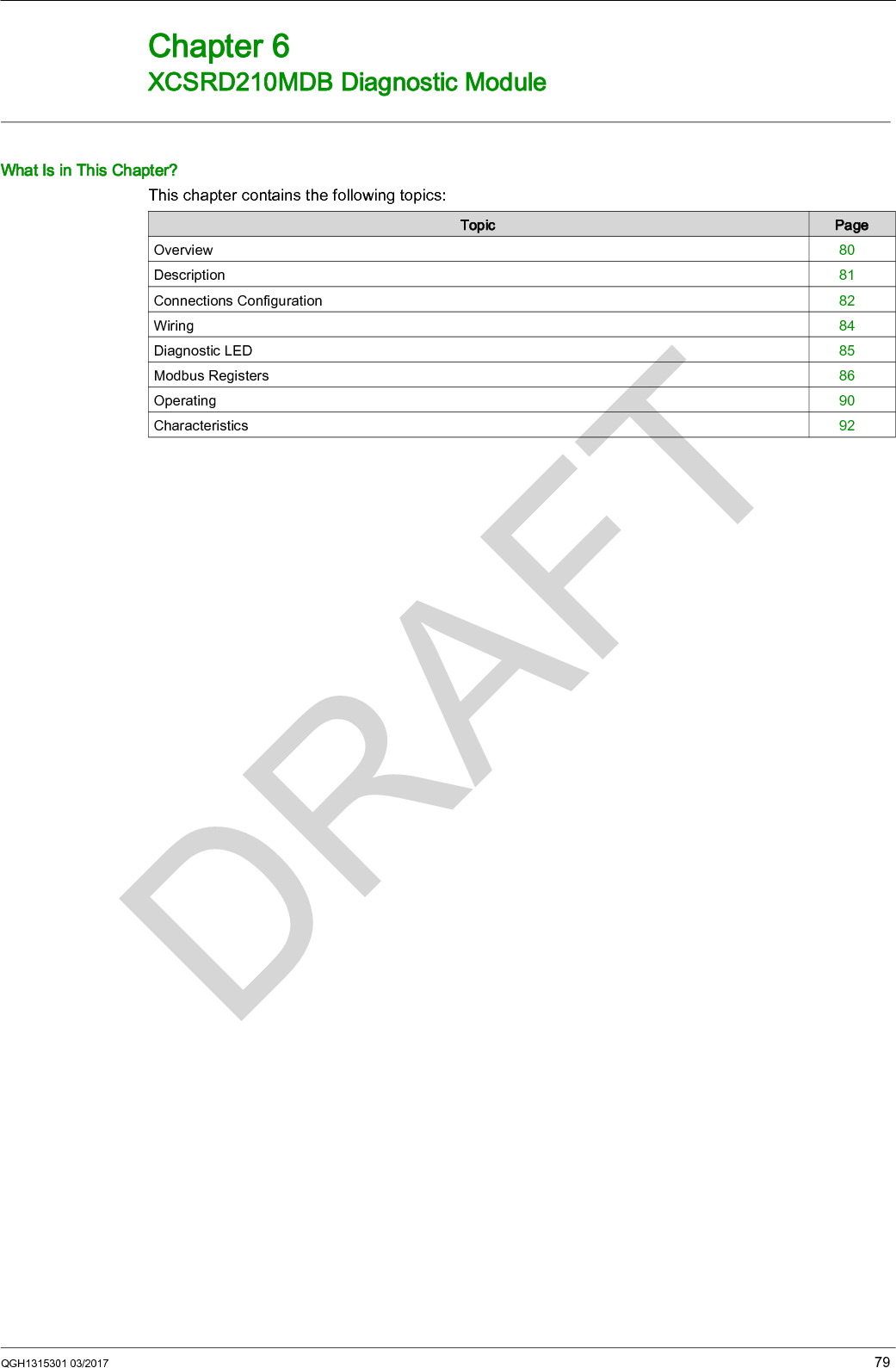 QGH1315301 03/2017 79XCSR XCSRD210MDB Diagnostic ModuleQGH13 15301 03/201 7XCSRD210MDB Diagnostic ModuleChapter 6XCSRD210MDB Diagnostic ModuleWhat Is in This Chapter?This chapter contains the following topics:Topic PageOverview 80Description 81Connections Configuration 82Wiring 84Diagnostic LED 85Modbus Registers 86Operating 90Characteristics 92
