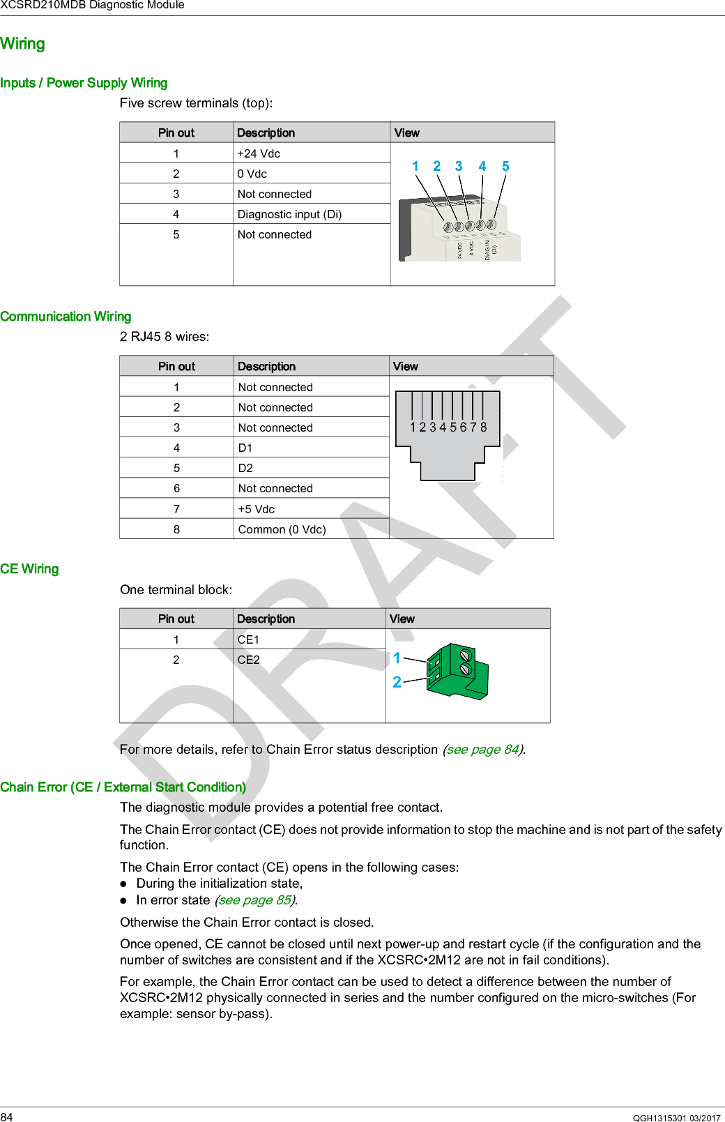 XCSRD210MDB Diagnostic Module84 QGH1315301 03/2017WiringInputs / Power Supply WiringFive screw terminals (top):Communication Wiring2 RJ45 8 wires:CE WiringOne terminal block:For more details, refer to Chain Error status description (see page 84).Chain Error (CE / External Start Condition)The diagnostic module provides a potential free contact. The Chain Error contact (CE) does not provide information to stop the machine and is not part of the safety function.The Chain Error contact (CE) opens in the following cases:During the initialization state,In error state (see page 85).Otherwise the Chain Error contact is closed.Once opened, CE cannot be closed until next power-up and restart cycle (if the configuration and the number of switches are consistent and if the XCSRC•2M12 are not in fail conditions). For example, the Chain Error contact can be used to detect a difference between the number of XCSRC•2M12 physically connected in series and the number configured on the micro-switches (For example: sensor by-pass).Pin out Description View1+24Vdc20Vdc3 Not connected4 Diagnostic input (Di)5 Not connectedPin out Description View1 Not connected2 Not connected3 Not connected4D15D26 Not connected7+5Vdc8 Common (0 Vdc)Pin out Description View1CE12CE2