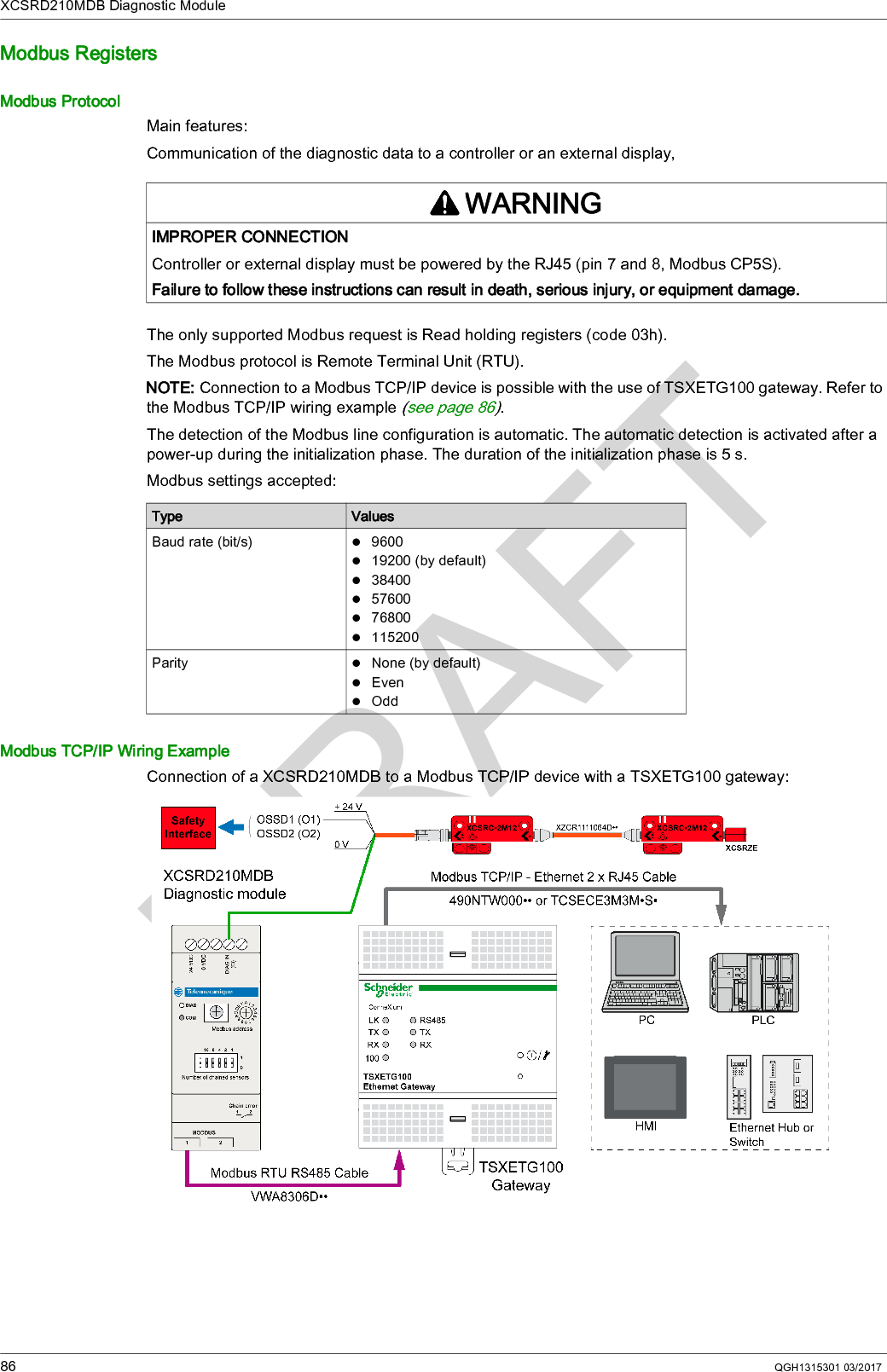 XCSRD210MDB Diagnostic Module86 QGH1315301 03/2017Modbus RegistersModbus ProtocolMain features:Communication of the diagnostic data to a controller or an external display,The only supported Modbus request is Read holding registers (code 03h). The Modbus protocol is Remote Terminal Unit (RTU).NOTE: Connection to a Modbus TCP/IP device is possible with the use of TSXETG100 gateway. Refer to the Modbus TCP/IP wiring example (see page 86).The detection of the Modbus line configuration is automatic. The automatic detection is activated after a power-up during the initialization phase. The duration of the initialization phase is 5 s. Modbus settings accepted:Modbus TCP/IP Wiring ExampleConnection of a XCSRD210MDB to a Modbus TCP/IP device with a TSXETG100 gateway:WARNINGIMPROPER CONNECTIONController or external display must be powered by the RJ45 (pin 7 and 8, Modbus CP5S).Failure to follow these instructions can result in death, serious injury, or equipment damage.Type ValuesBaud rate (bit/s) 960019200 (by default)384005760076800115200Parity None (by default)EvenOdd