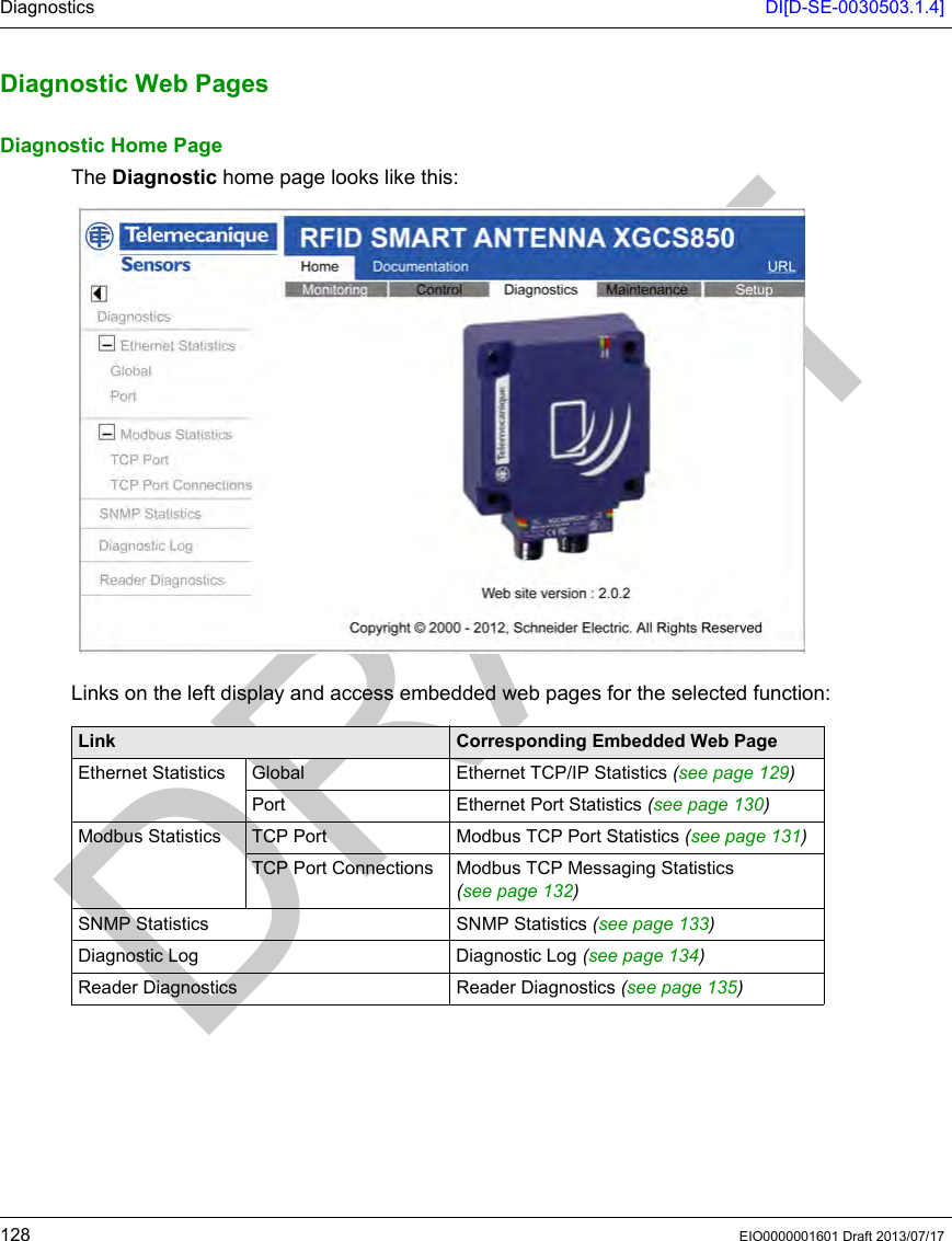Diagnostics DI[D-SE-0030503.1.4]128 EIO0000001601 Draft 2013/07/17Diagnostic We b PagesDiagnostic Web PagesDiagnostic Home PageThe Diagnostic home page looks like this:Links on the left display and access embedded web pages for the selected function:Link Corresponding Embedded Web PageEthernet Statistics Global Ethernet TCP/IP Statistics (see page 129)Port Ethernet Port Statistics (seepage130)Modbus Statistics TCP Port Modbus TCP Port Statistics (see page 131)TCP Port Connections Modbus TCP Messaging Statistics (see page 132)SNMP Statistics SNMP Statistics (see page 133)Diagnostic Log Diagnostic Log (seepage134)Reader Diagnostics Reader Diagnostics (see page 135)