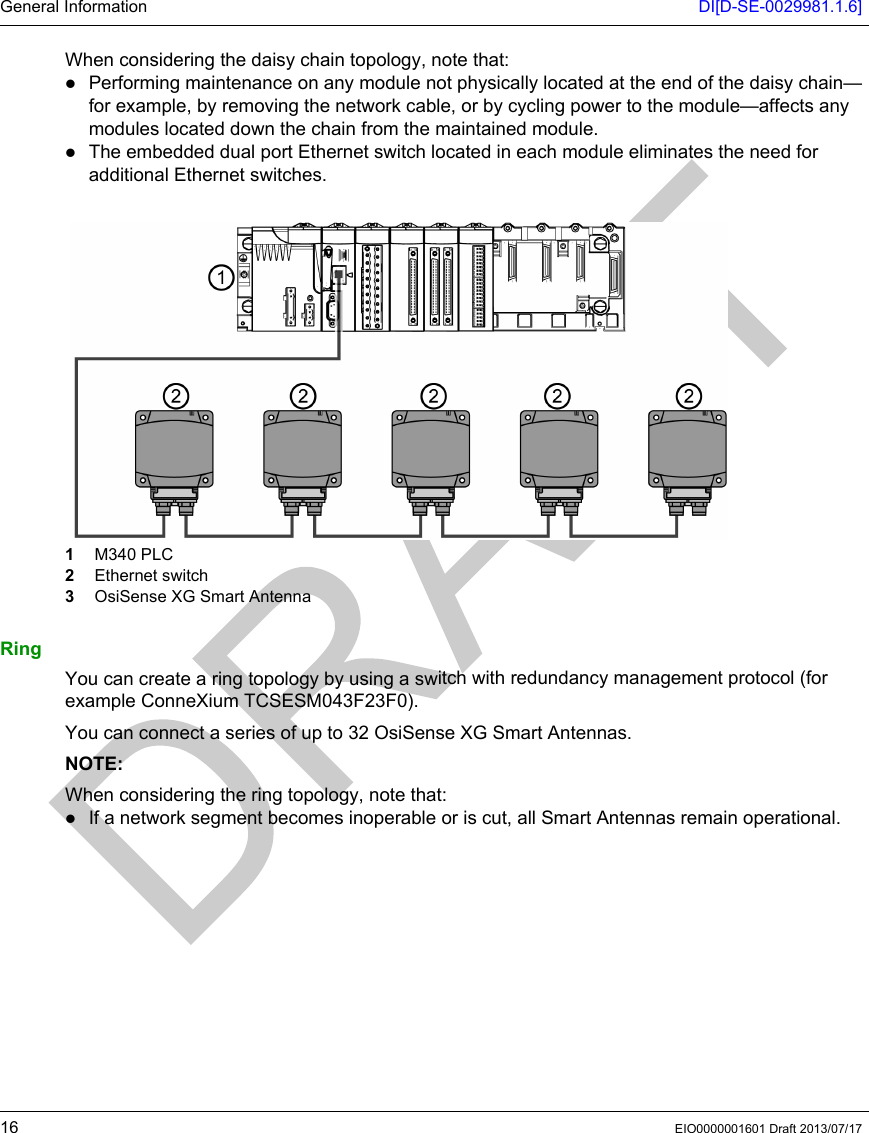 General Information DI[D-SE-0029981.1.6]16 EIO0000001601 Draft 2013/07/17When considering the daisy chain topology, note that: Performing maintenance on any module not physically located at the end of the daisy chain—for example, by removing the network cable, or by cycling power to the module—affects any modules located down the chain from the maintained module.The embedded dual port Ethernet switch located in each module eliminates the need for additional Ethernet switches.1  M340 PLC2  Ethernet switch3  OsiSense XG Smart AntennaRingYou can create a ring topology by using a switch with redundancy management protocol (for example ConneXium TCSESM043F23F0).You can connect a series of up to 32 OsiSense XG Smart Antennas.NOTE: When considering the ring topology, note that: If a network segment becomes inoperable or is cut, all Smart Antennas remain operational.