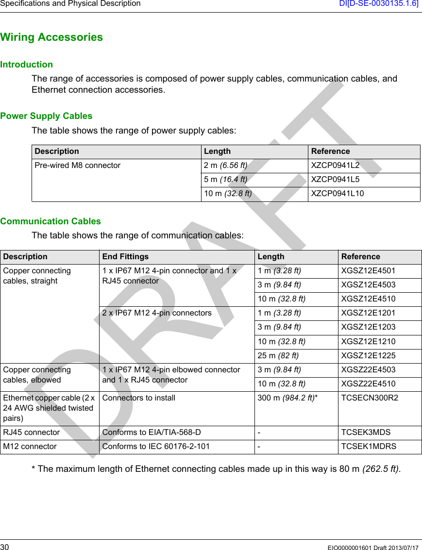 Specifications and Physical Description DI[D-SE-0030135.1.6]30 EIO0000001601 Draft 2013/07/17Wiring Ac cessoriesWiring AccessoriesIntroductionThe range of accessories is composed of power supply cables, communication cables, and Ethernet connection accessories.Power Supply CablesThe table shows the range of power supply cables:Communication CablesThe table shows the range of communication cables:* The maximum length of Ethernet connecting cables made up in this way is 80 m (262.5 ft).Description Length ReferencePre-wired M8 connector 2 m (6.56 ft) XZCP0941L25m (16.4 ft) XZCP0941L510 m (32.8 ft) XZCP0941L10Description End Fittings Length ReferenceCopper connecting cables, straight1 x IP67 M12 4-pin connector and 1 x RJ45 connector1m (3.28 ft) XGSZ12E45013m (9.84 ft) XGSZ12E450310 m (32.8 ft) XGSZ12E45102 x IP67 M12 4-pin connectors 1 m (3.28 ft) XGSZ12E12013m (9.84 ft) XGSZ12E120310 m (32.8 ft) XGSZ12E121025 m (82 ft) XGSZ12E1225Copper connecting cables, elbowed1 x IP67 M12 4-pin elbowed connector and 1 x RJ45 connector3m (9.84 ft) XGSZ22E450310 m (32.8 ft) XGSZ22E4510Ethernet copper cable (2 x 24 AWG shielded twisted pairs)Connectors to install 300 m (984.2 ft)* TCSECN300R2RJ45 connector Conforms to EIA/TIA-568-D - TCSEK3MDSM12 connector Conforms to IEC 60176-2-101 - TCSEK1MDRS