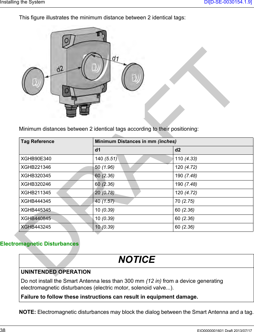 Installing the System DI[D-SE-0030154.1.9]38 EIO0000001601 Draft 2013/07/17This figure illustrates the minimum distance between 2 identical tags:Minimum distances between 2 identical tags according to their positioning:Electromagnetic DisturbancesNOTE: Electromagnetic disturbances may block the dialog between the Smart Antenna and a tag.Tag Reference Minimum Distances in mm (inches)d1 d2XGHB90E340 140 (5.51) 110 (4.33)XGHB221346 50 (1.96) 120 (4.72)XGHB320345 60 (2.36) 190 (7.48)XGHB320246 60 (2.36) 190 (7.48)XGHB211345 20 (0.78) 120 (4.72)XGHB444345 40 (1.57) 70 (2.75)XGHB445345 10 (0.39) 60 (2.36)XGHB440845 10 (0.39) 60 (2.36)XGHB443245 10 (0.39) 60 (2.36)NOTICEUNINTENDED OPERATIONDo not install the Smart Antenna less than 300 mm (12 in) from a device generating electromagnetic disturbances (electric motor, solenoid valve...).Failure to follow these instructions can result in equipment damage.