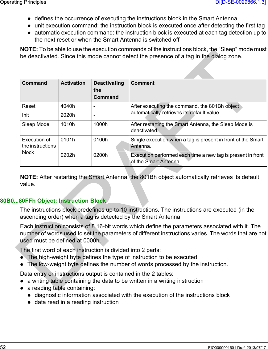 Operating Principles DI[D-SE-0029866.1.3]52 EIO0000001601 Draft 2013/07/17defines the occurrence of executing the instructions block in the Smart Antennaunit execution command: the instruction block is executed once after detecting the first tagautomatic execution command: the instruction block is executed at each tag detection up to the next reset or when the Smart Antenna is switched offNOTE: To be able to use the execution commands of the instructions block, the &quot;Sleep&quot; mode must be deactivated. Since this mode cannot detect the presence of a tag in the dialog zone. NOTE: After restarting the Smart Antenna, the 801Bh object automatically retrieves its default value.80B0...80FFh Object: Instruction BlockThe instructions block predefines up to 10 instructions. The instructions are executed (in the ascending order) when a tag is detected by the Smart Antenna.Each instruction consists of 8 16-bit words which define the parameters associated with it. The number of words used to set the parameters of different instructions varies. The words that are not used must be defined at 0000h.The first word of each instruction is divided into 2 parts:The high-weight byte defines the type of instruction to be executed.The low-weight byte defines the number of words processed by the instruction.Data entry or instructions output is contained in the 2 tables:a writing table containing the data to be written in a writing instructiona reading table containing:diagnostic information associated with the execution of the instructions blockdata read in a reading instructionCommand Activation  Deactivating the CommandCommentReset 4040h - After executing the command, the 801Bh object automatically retrieves its default value.Init 2020h -Sleep Mode 1010h 1000h After restarting the Smart Antenna, the Sleep Mode is deactivated.Execution of the instructions block0101h 0100h Single execution when a tag is present in front of the Smart Antenna.0202h 0200h Execution performed each time a new tag is present in front of the Smart Antenna.