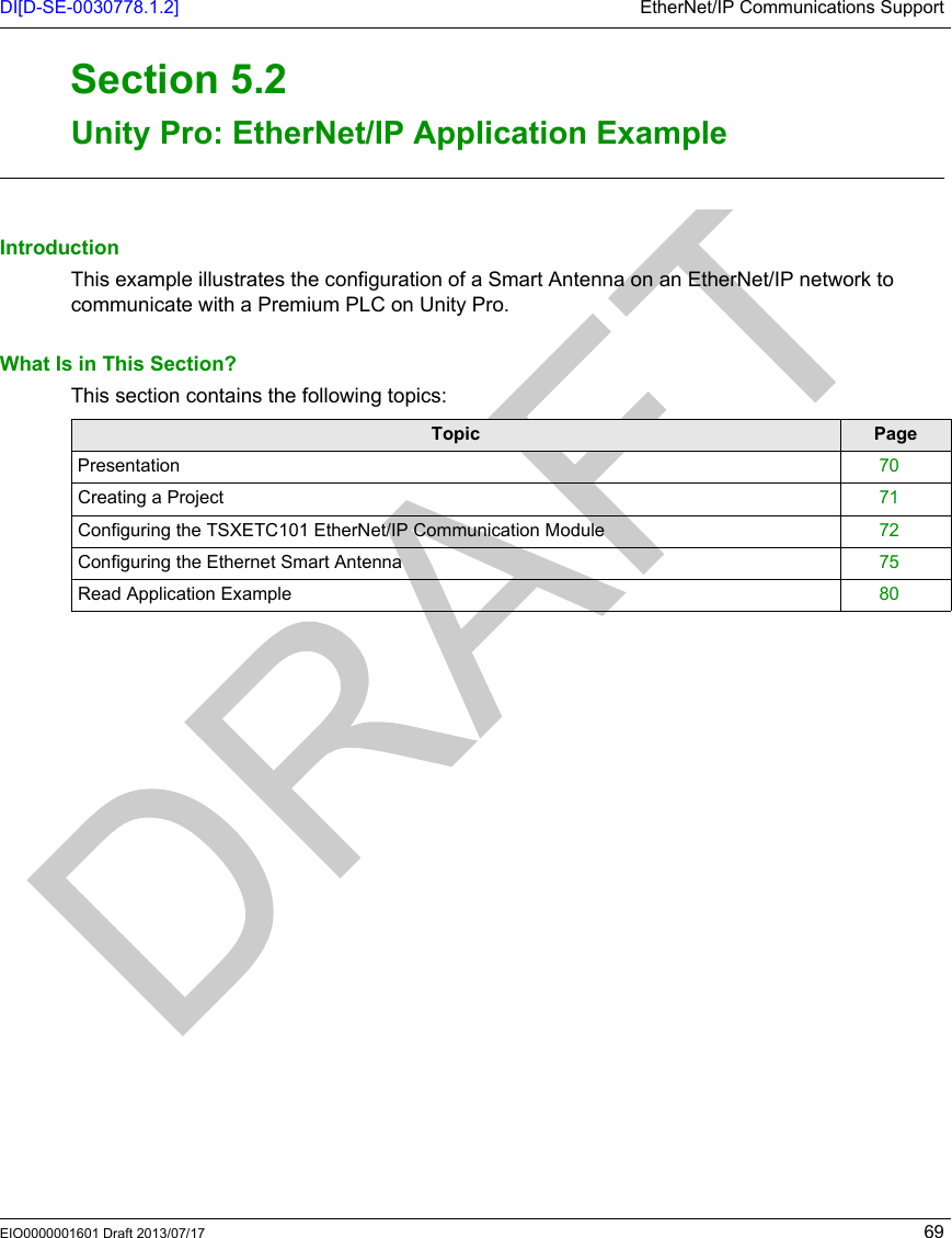 DI[D-SE-0030778.1.2] EtherNet/IP Communications SupportEIO0000001601 Draft 2013/07/17 69Unity Pr o: EtherNe t/IP Appl ication E xampleSection 5.2Unity Pro: EtherNet/IP Applica tion ExampleUnity Pro: EtherNet/IP Application ExampleIntroductionThis example illustrates the configuration of a Smart Antenna on an EtherNet/IP network to communicate with a Premium PLC on Unity Pro. What Is in This Section?This section contains the following topics:Topic PagePresentation 70Creating a Project 71Configuring the TSXETC101 EtherNet/IP Communication Module 72Configuring the Ethernet Smart Antenna 75Read Application Example 80