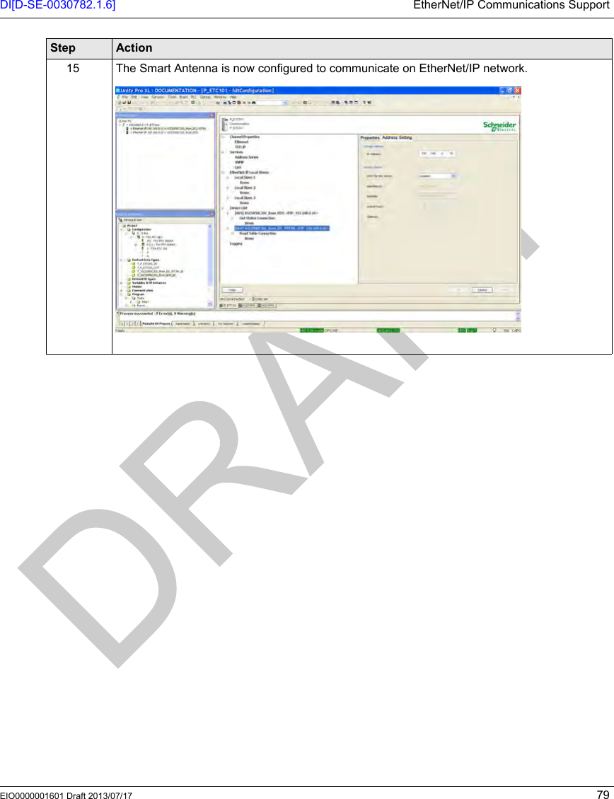 DI[D-SE-0030782.1.6] EtherNet/IP Communications SupportEIO0000001601 Draft 2013/07/17 7915 The Smart Antenna is now configured to communicate on EtherNet/IP network.Step Action