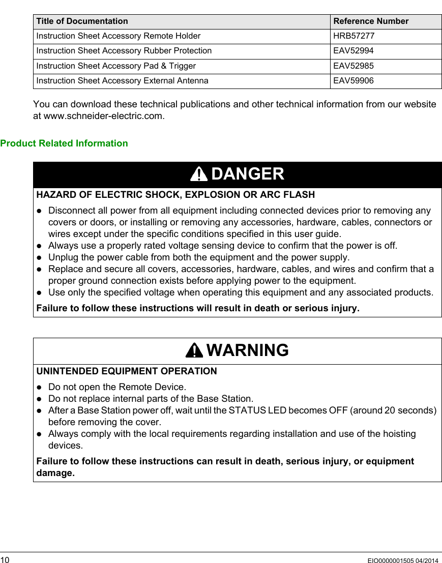10 EIO0000001505 04/2014You can download these technical publications and other technical information from our website at www.schneider-electric.com.Product Related InformationInstruction Sheet Accessory Remote Holder HRB57277Instruction Sheet Accessory Rubber Protection EAV52994Instruction Sheet Accessory Pad &amp; Trigger EAV52985Instruction Sheet Accessory External Antenna EAV59906Title of Documentation Reference NumberDANGERHAZARD OF ELECTRIC SHOCK, EXPLOSION OR ARC FLASHDisconnect all power from all equipment including connected devices prior to removing any covers or doors, or installing or removing any accessories, hardware, cables, connectors or wires except under the specific conditions specified in this user guide.Always use a properly rated voltage sensing device to confirm that the power is off.Unplug the power cable from both the equipment and the power supply.Replace and secure all covers, accessories, hardware, cables, and wires and confirm that a proper ground connection exists before applying power to the equipment.Use only the specified voltage when operating this equipment and any associated products.Failure to follow these instructions will result in death or serious injury.WARNINGUNINTENDED EQUIPMENT OPERATIONDo not open the Remote Device.Do not replace internal parts of the Base Station.After a Base Station power off, wait until the STATUS LED becomes OFF (around 20 seconds) before removing the cover.Always comply with the local requirements regarding installation and use of the hoisting devices.Failure to follow these instructions can result in death, serious injury, or equipment damage.