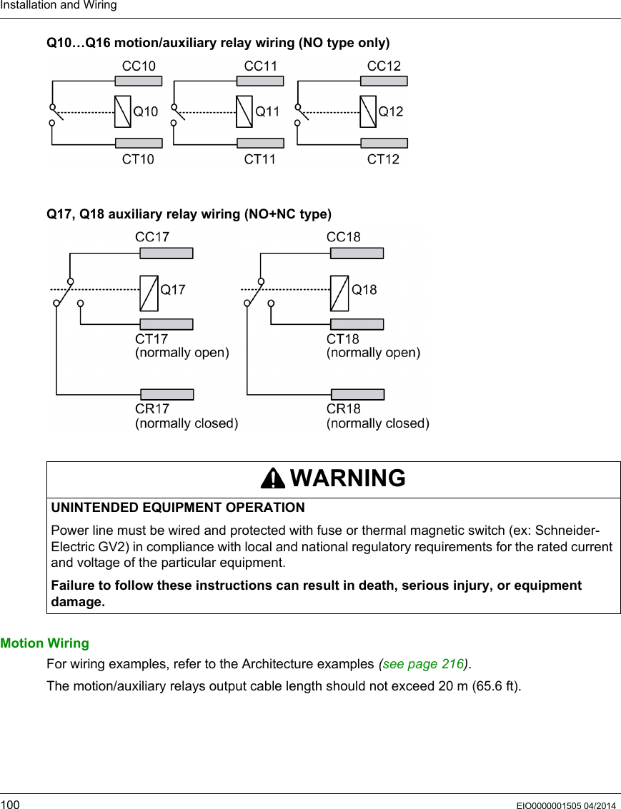 Installation and Wiring100 EIO0000001505 04/2014Q10…Q16 motion/auxiliary relay wiring (NO type only) Q17, Q18 auxiliary relay wiring (NO+NC type)Motion WiringFor wiring examples, refer to the Architecture examples (seepage216).The motion/auxiliary relays output cable length should not exceed 20 m (65.6 ft).WARNINGUNINTENDED EQUIPMENT OPERATIONPower line must be wired and protected with fuse or thermal magnetic switch (ex: Schneider-Electric GV2) in compliance with local and national regulatory requirements for the rated current and voltage of the particular equipment.Failure to follow these instructions can result in death, serious injury, or equipment damage.