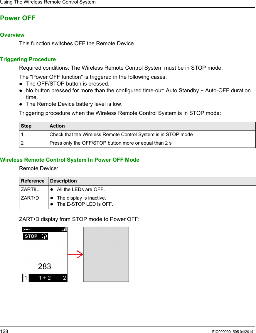 Using The Wireless Remote Control System128 EIO0000001505 04/2014Power OFFOverviewThis function switches OFF the Remote Device.Triggering ProcedureRequired conditions: The Wireless Remote Control System must be in STOP mode.The &quot;Power OFF function&quot; is triggered in the following cases:The OFF/STOP button is pressed.No button pressed for more than the configured time-out: Auto Standby + Auto-OFF duration time.The Remote Device battery level is low.Triggering procedure when the Wireless Remote Control System is in STOP mode: Wireless Remote Control System In Power OFF ModeRemote Device:ZART•D display from STOP mode to Power OFF:Step Action1 Check that the Wireless Remote Control System is in STOP mode2 Press only the OFF/STOP button more or equal than 2 sReference DescriptionZART8L All the LEDs are OFF.ZART•D The display is inactive.The E-STOP LED is OFF.