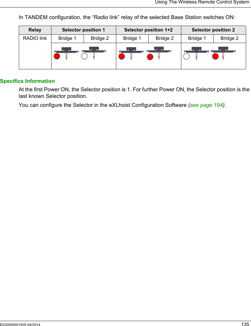 Using The Wireless Remote Control SystemEIO0000001505 04/2014 135In TANDEM configuration, the “Radio link” relay of the selected Base Station switches ON:Specifics InformationAt the first Power ON, the Selector position is 1. For further Power ON, the Selector position is the last known Selector position.You can configure the Selector in the eXLhoist Configuration Software (see page 194). Relay Selector position 1 Selector position 1+2 Selector position 2RADIO link Bridge 1 Bridge 2 Bridge 1 Bridge 2 Bridge 1 Bridge 2