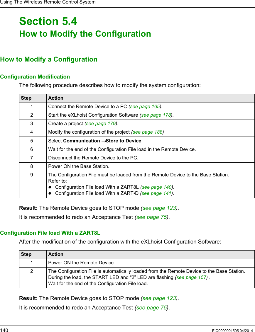 Using The Wireless Remote Control System140 EIO0000001505 04/2014How to Modify the ConfigurationSection 5.4How to Modify the ConfigurationHow to Modify a ConfigurationConfiguration ModificationThe following procedure describes how to modify the system configuration:Result: The Remote Device goes to STOP mode (see page 123).It is recommended to redo an Acceptance Test (see page 75).Configuration File load With a ZART8LAfter the modification of the configuration with the eXLhoist Configuration Software:Result: The Remote Device goes to STOP mode (see page 123).It is recommended to redo an Acceptance Test (see page 75).Step Action1 Connect the Remote Device to a PC (see page 165).2 Start the eXLhoist Configuration Software (see page 178).3 Create a project (see page 179).4 Modify the configuration of the project (see page 188)5 Select Communication → Store to Device.6 Wait for the end of the Configuration File load in the Remote Device.7 Disconnect the Remote Device to the PC.8 Power ON the Base Station.9 The Configuration File must be loaded from the Remote Device to the Base Station.Refer to:Configuration File load With a ZART8L (see page 140).Configuration File load With a ZART•D (see page 141).Step Action1 Power ON the Remote Device.2 The Configuration File is automatically loaded from the Remote Device to the Base Station.During the load, the START LED and “2” LED are flashing (see page 157) .Wait for the end of the Configuration File load.