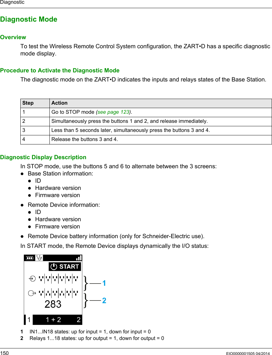 Diagnostic150 EIO0000001505 04/2014Diagnostic ModeOverviewTo test the Wireless Remote Control System configuration, the ZART•D has a specific diagnostic mode display.Procedure to Activate the Diagnostic ModeThe diagnostic mode on the ZART•D indicates the inputs and relays states of the Base Station. Diagnostic Display DescriptionIn STOP mode, use the buttons 5 and 6 to alternate between the 3 screens:Base Station information:IDHardware versionFirmware versionRemote Device information:IDHardware versionFirmware versionRemote Device battery information (only for Schneider-Electric use).In START mode, the Remote Device displays dynamically the I/O status:1  IN1...IN18 states: up for input = 1, down for input = 02  Relays 1...18 states: up for output = 1, down for output = 0Step Action1 Go to STOP mode (see page 123).2 Simultaneously press the buttons 1 and 2, and release immediately.3 Less than 5 seconds later, simultaneously press the buttons 3 and 4.4 Release the buttons 3 and 4.