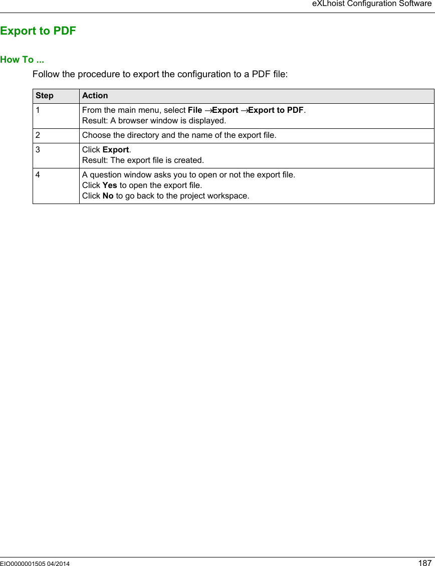 eXLhoist Configuration SoftwareEIO0000001505 04/2014 187Export to PDFHow To ...Follow the procedure to export the configuration to a PDF file:Step Action1 From the main menu, select File → Export → Export to PDF.Result: A browser window is displayed.2 Choose the directory and the name of the export file.3 Click Export.Result: The export file is created.4 A question window asks you to open or not the export file.Click Yes to open the export file.Click No to go back to the project workspace.