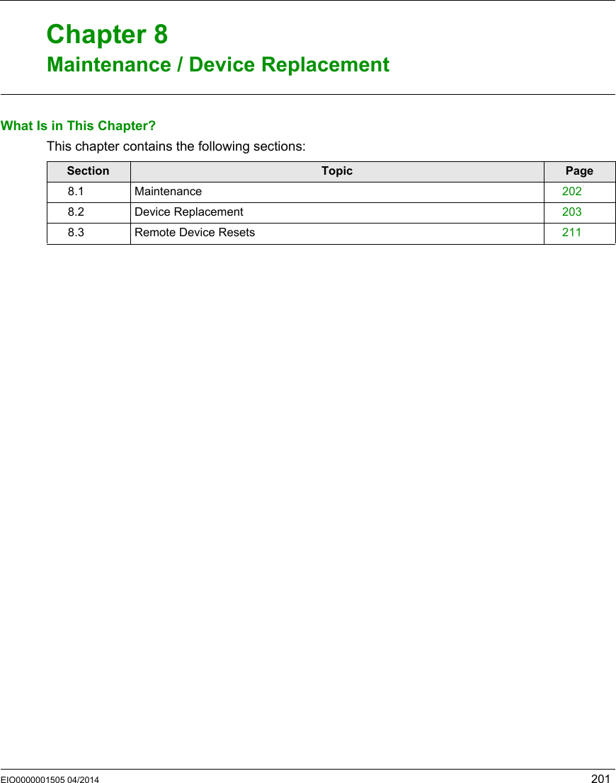 EIO0000001505 04/2014 201Harmony eXLhoistMaintenance / Device ReplacementEIO0000001505 04/2014Maintenance / Device ReplacementChapter 8Maintenance / Device ReplacementWhat Is in This Chapter?This chapter contains the following sections:Section Topic Page8.1 Maintenance 2028.2 Device Replacement 2038.3 Remote Device Resets 211